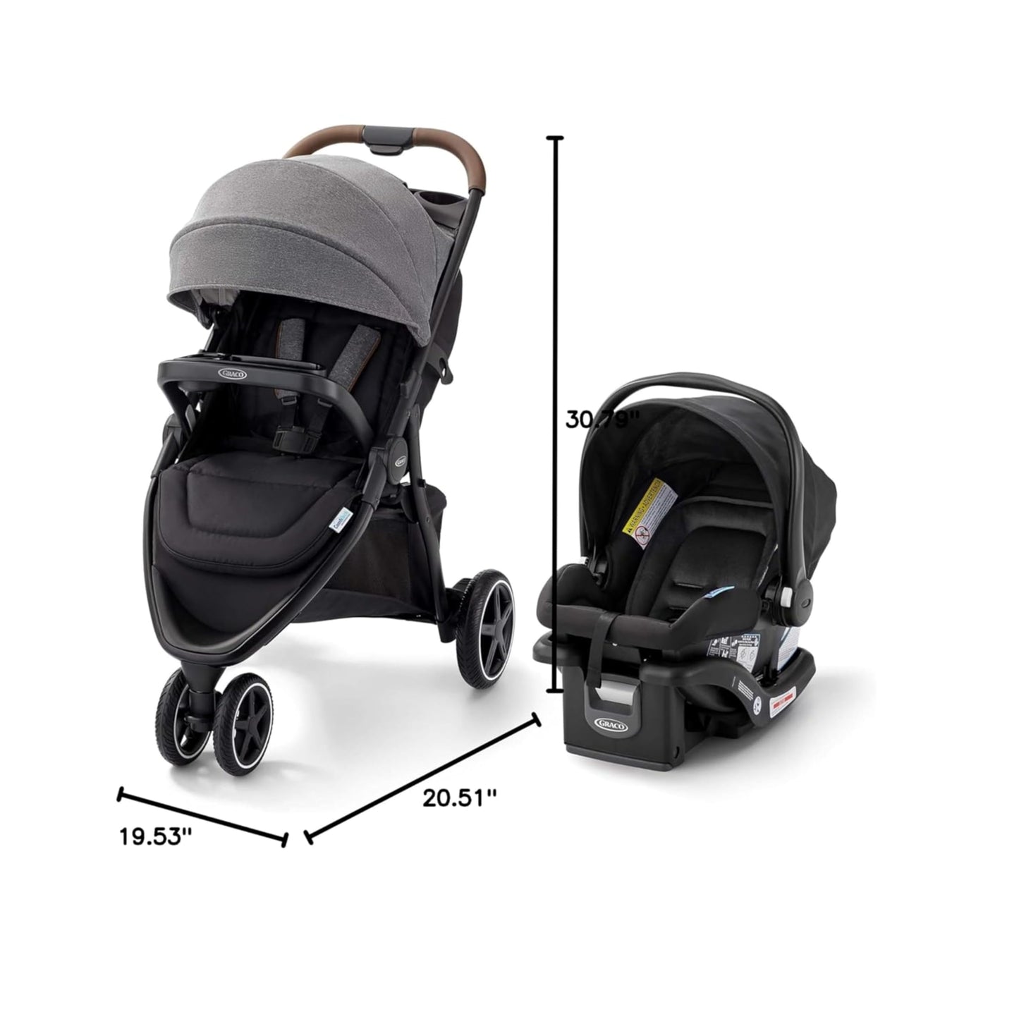 My Store Graco Outpace LX all-terrain 3-wheel baby stroller with rubber tires, in-seat suspension, and one-hand fold for travel convenience.