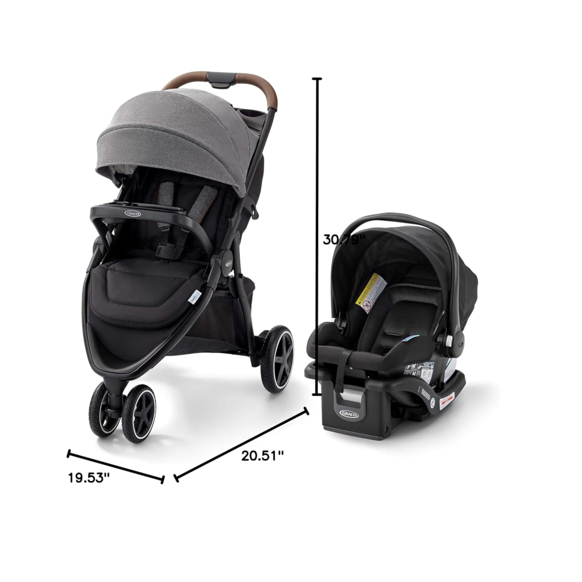 My Store Graco Outpace LX all-terrain 3-wheel baby stroller with rubber tires, in-seat suspension, and one-hand fold for travel convenience.
