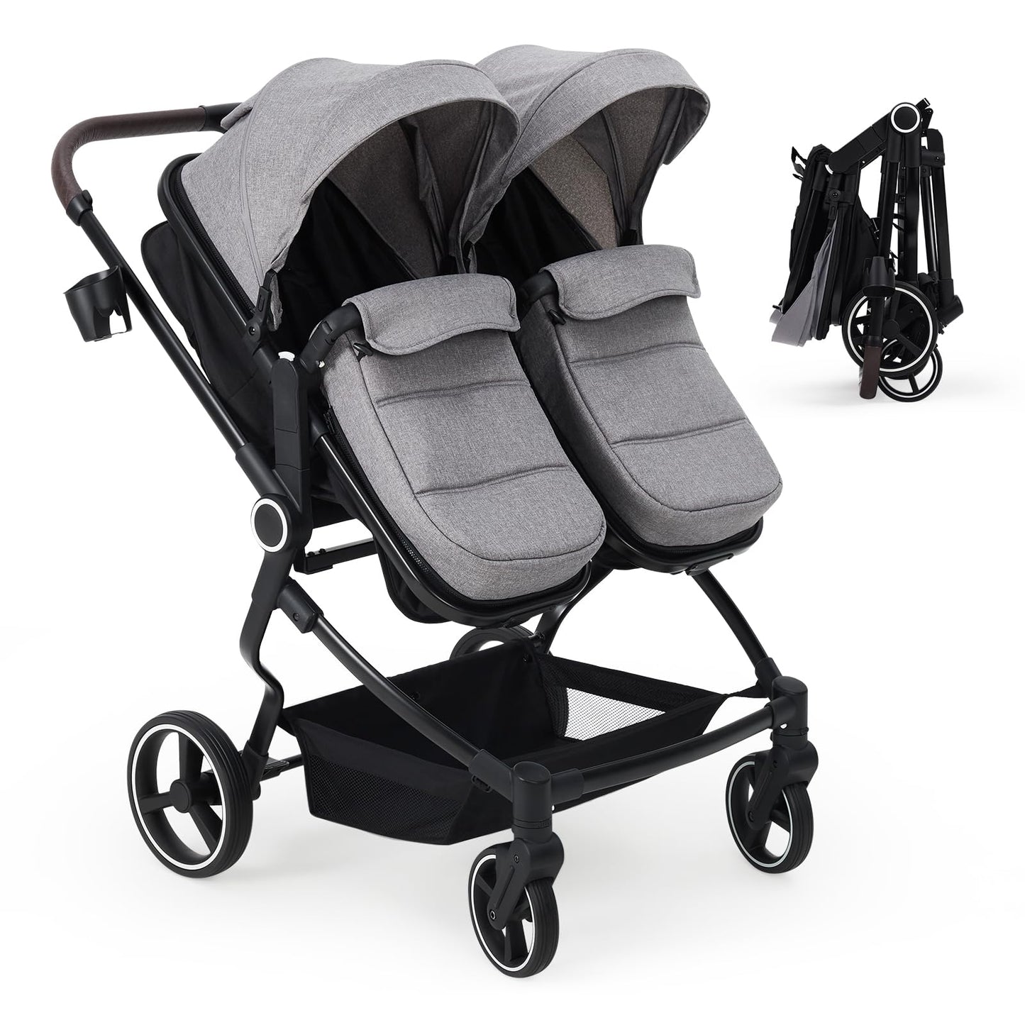 Lightweight double stroller for twins by My Store with reclining seats, adjustable canopy, 5-point harness, and high landscape design.