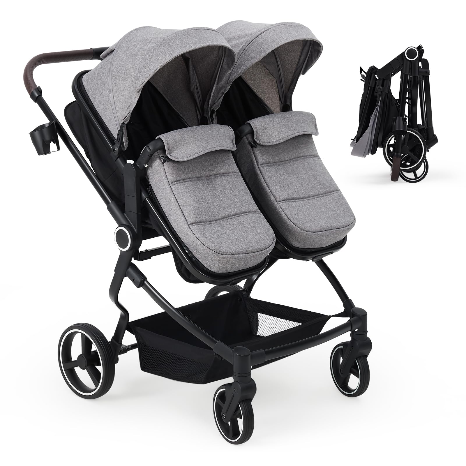 Lightweight double stroller for twins by My Store with reclining seats, adjustable canopy, 5-point harness, and high landscape design.