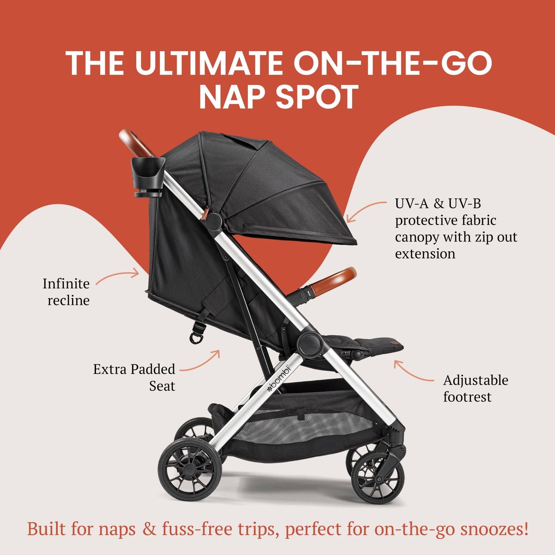 Lightweight Bombi Bēbee V2 baby stroller with vegan leather, one-hand fold, large canopy, aluminum frame, and ample storage.