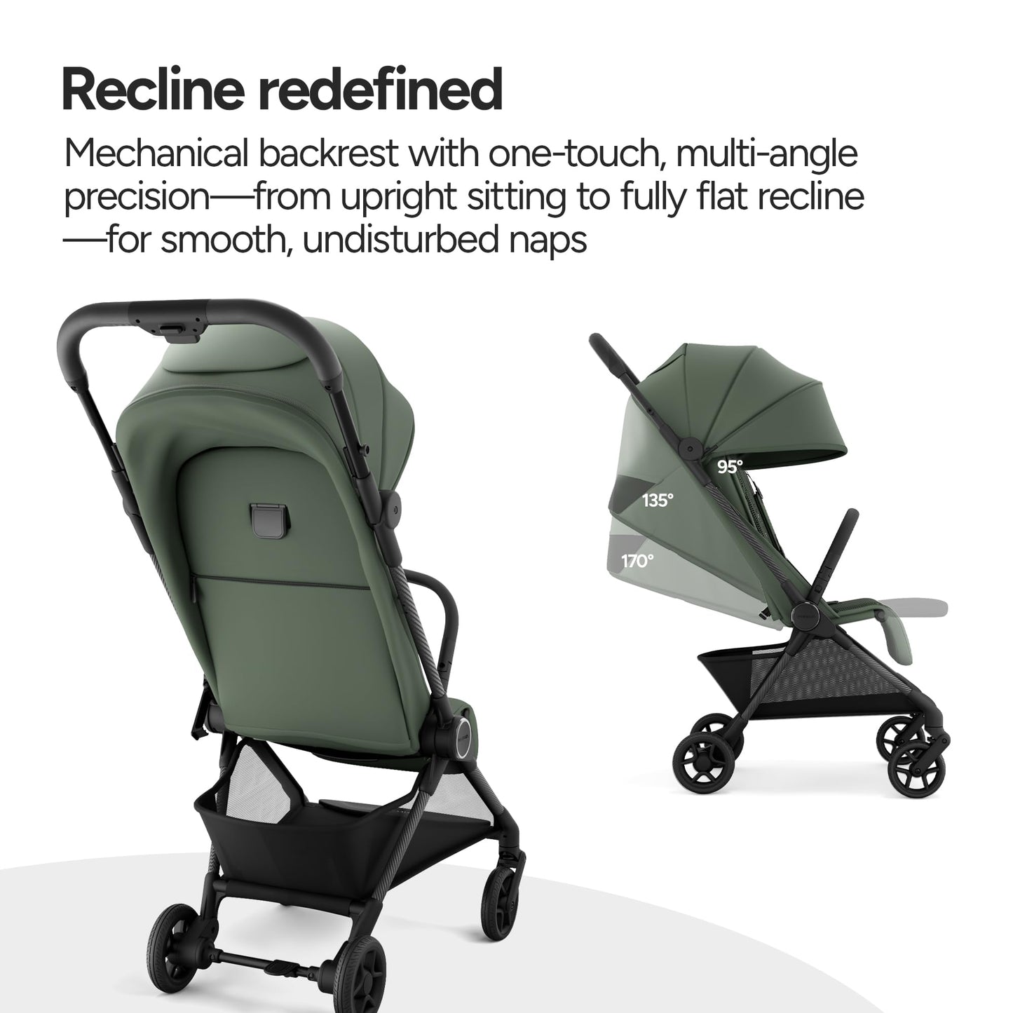 Mompush Nexis Carbon travel stroller by My Store, lightweight, compact, auto-folding, full recline, suitable from birth to 50 lbs.