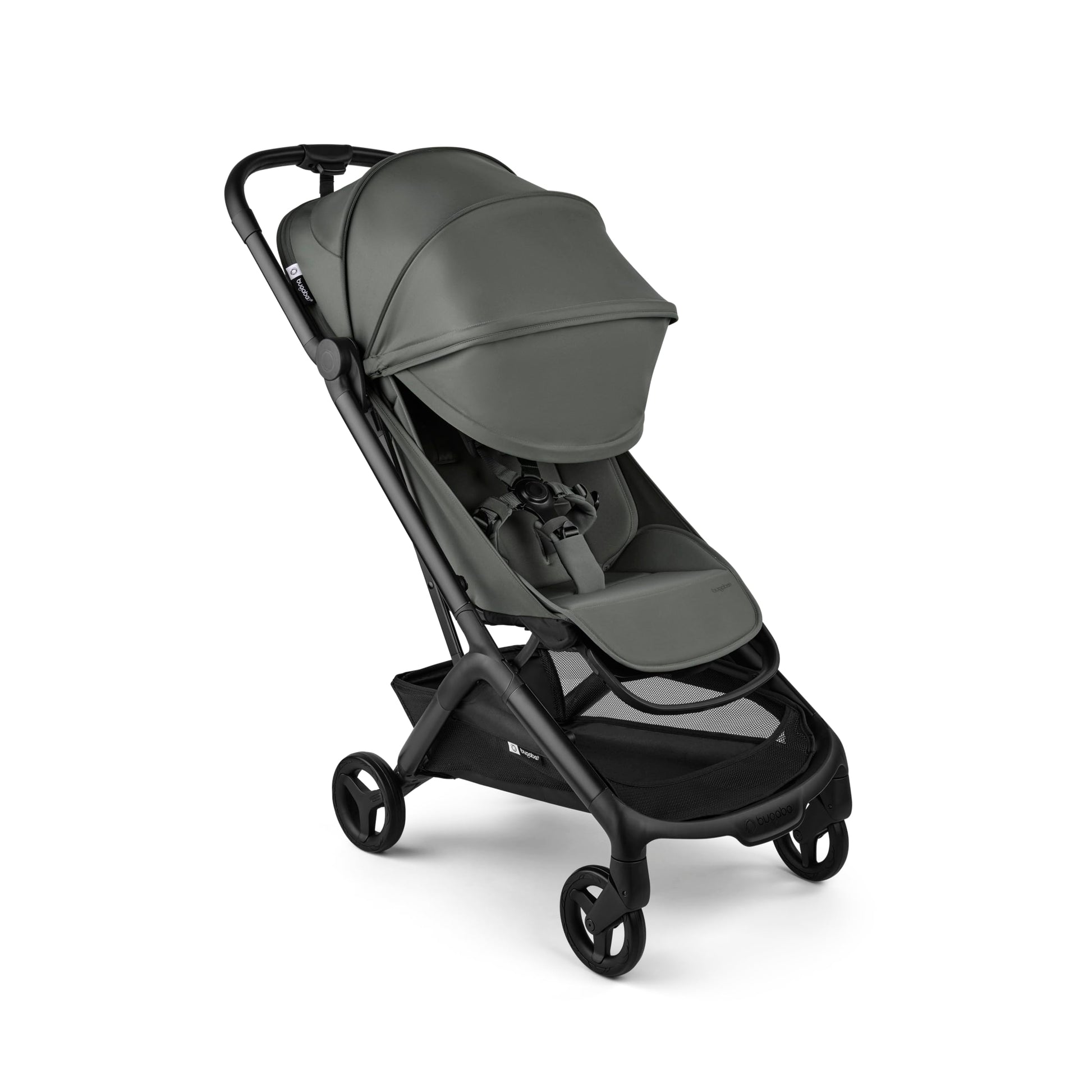 Black Bugaboo Butterfly 2 travel stroller folded compactly, lightweight, airplane-friendly, with a sleek design and easy one-second fold.