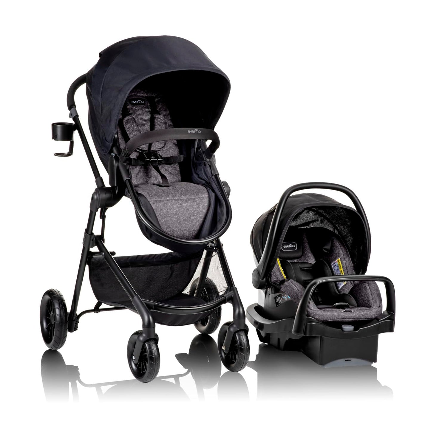 Evenflo Pivot Modular Travel System with LiteMax Preemie and Infant Car Seat in casual gray, featuring stroller and car seat components.