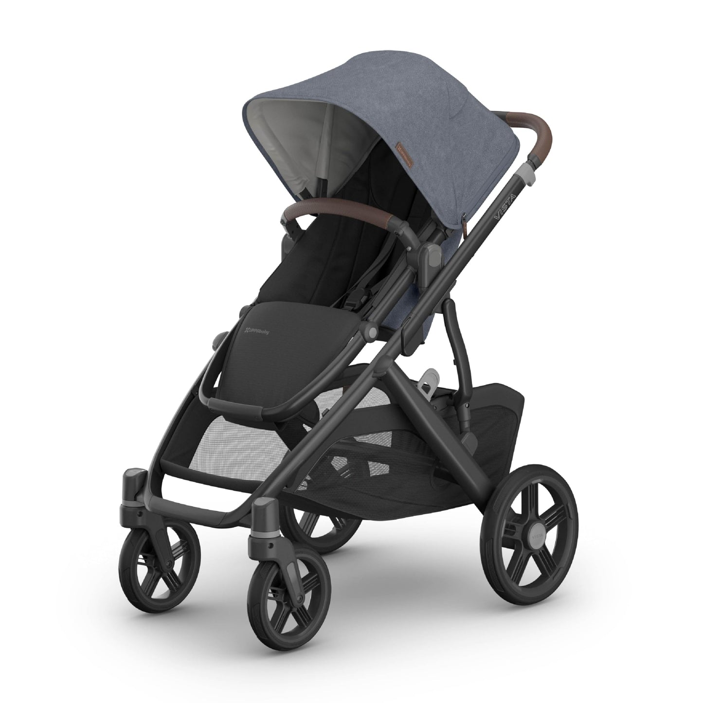UPPAbaby Vista V3 stroller for baby and toddler in charcoal with all-wheel suspension and large basket, versatile convertible design.
