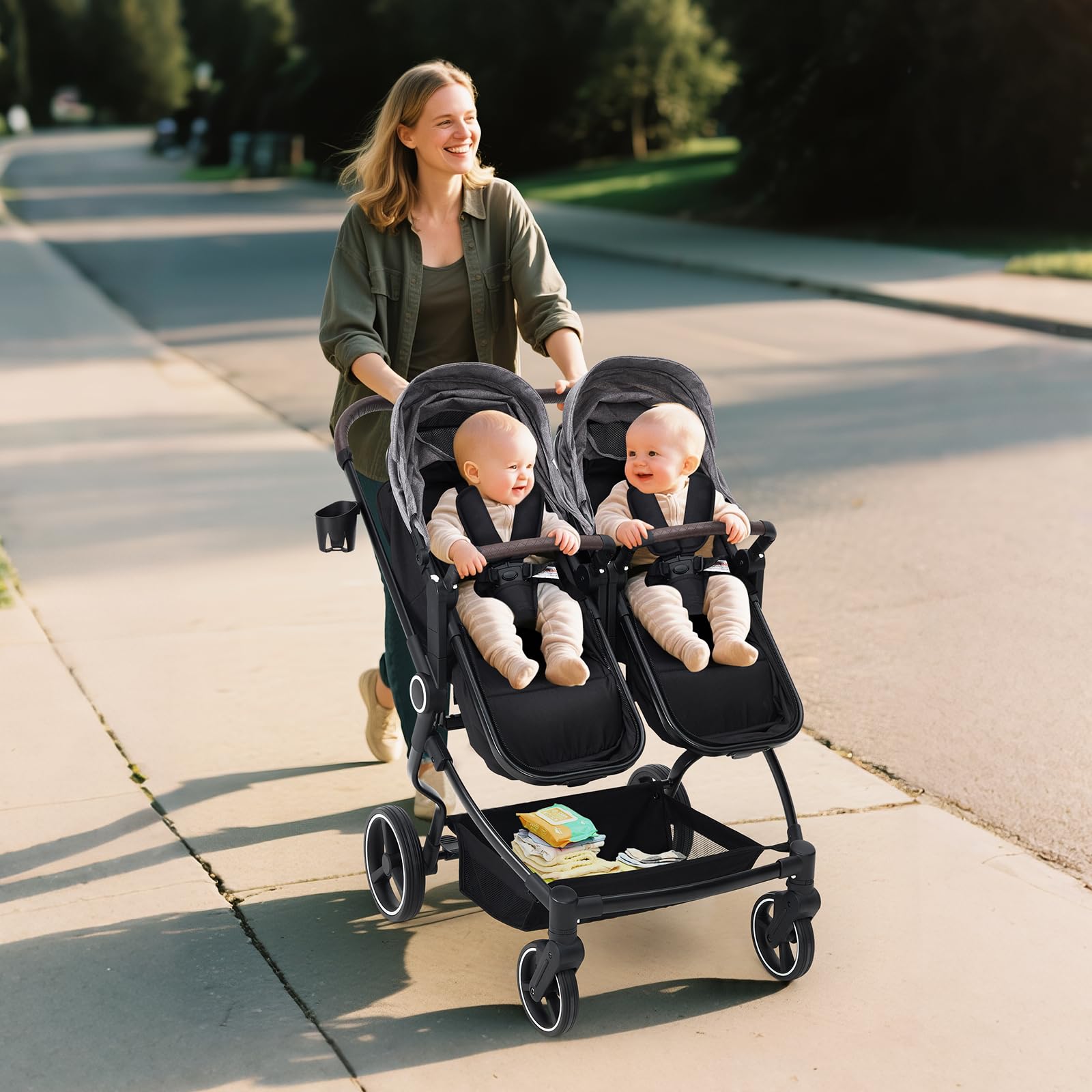 Lightweight twin stroller with reclining seats, adjustable canopy, and 5-point harness for infants and toddlers, brand My Store.