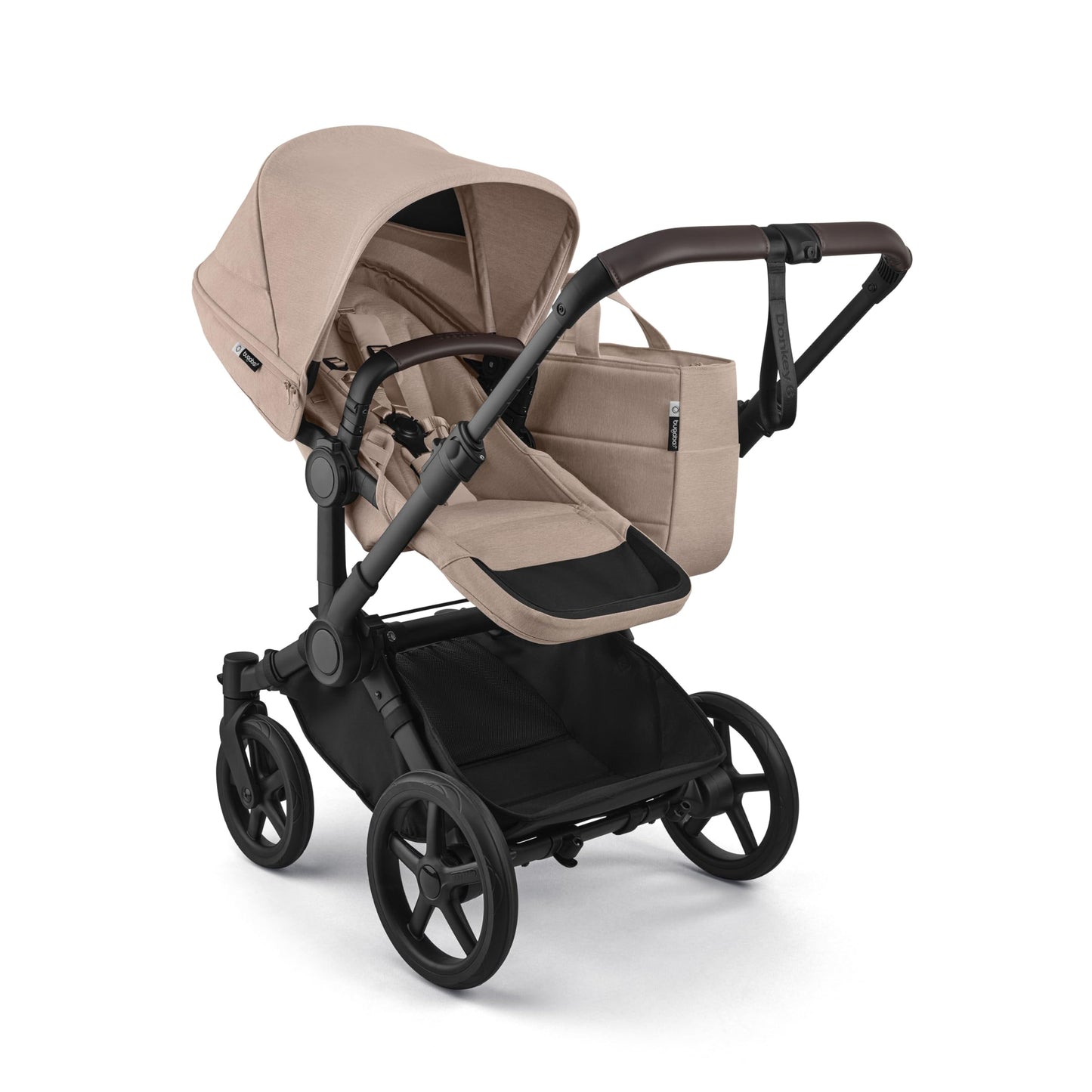 Bugaboo Donkey 6 Cocoa Brown single-to-double side-by-side all-terrain stroller with adjustable seating for newborn and toddler.