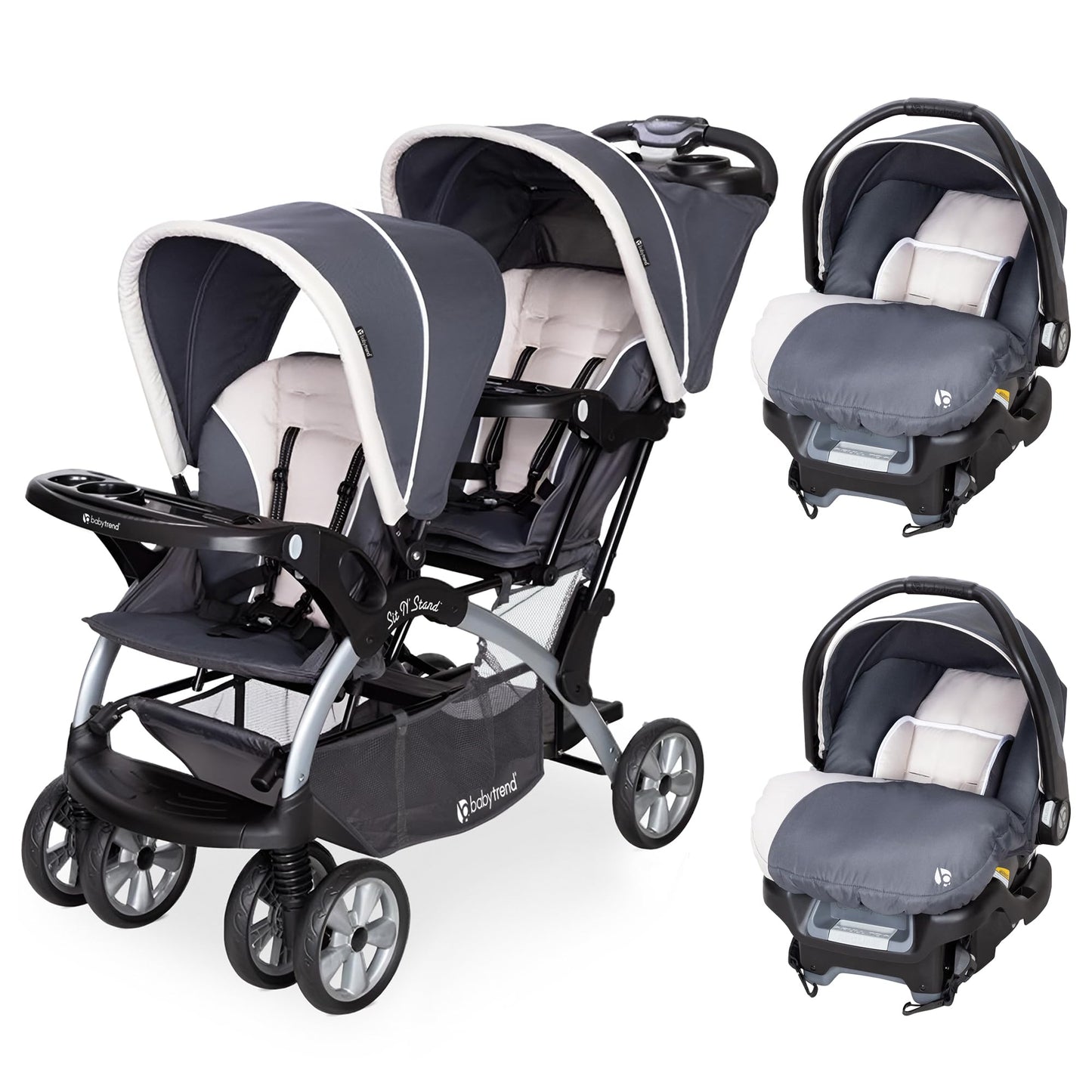 Baby Trend infant and toddler double stroller with car seat, lightweight and portable Stormy travel system tandem for infants and toddlers.