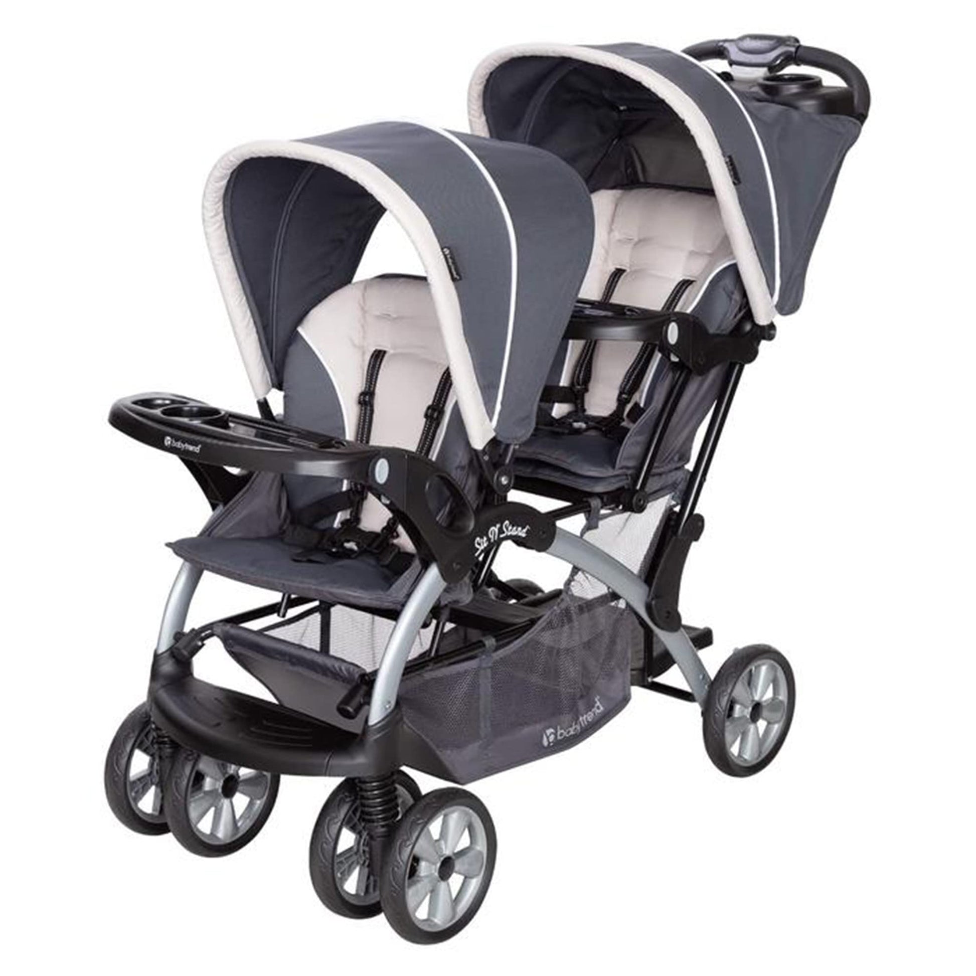 Baby Trend infant and toddler double stroller and car seat combo in Stormy, lightweight, portable travel system with tandem design.