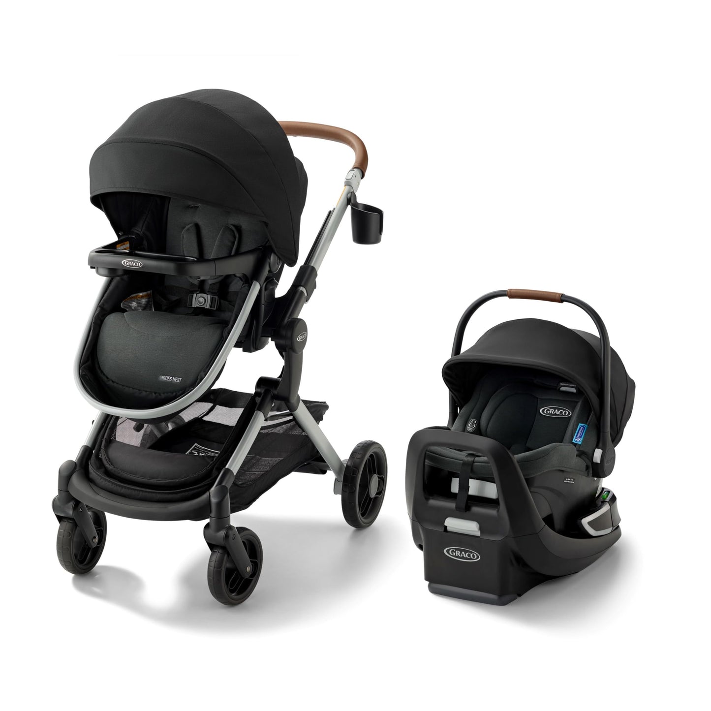 Graco Modes Nest 3-in-1 travel system with SnugRide Turn & Slide infant car seat and stroller, adjustable for baby to toddler.