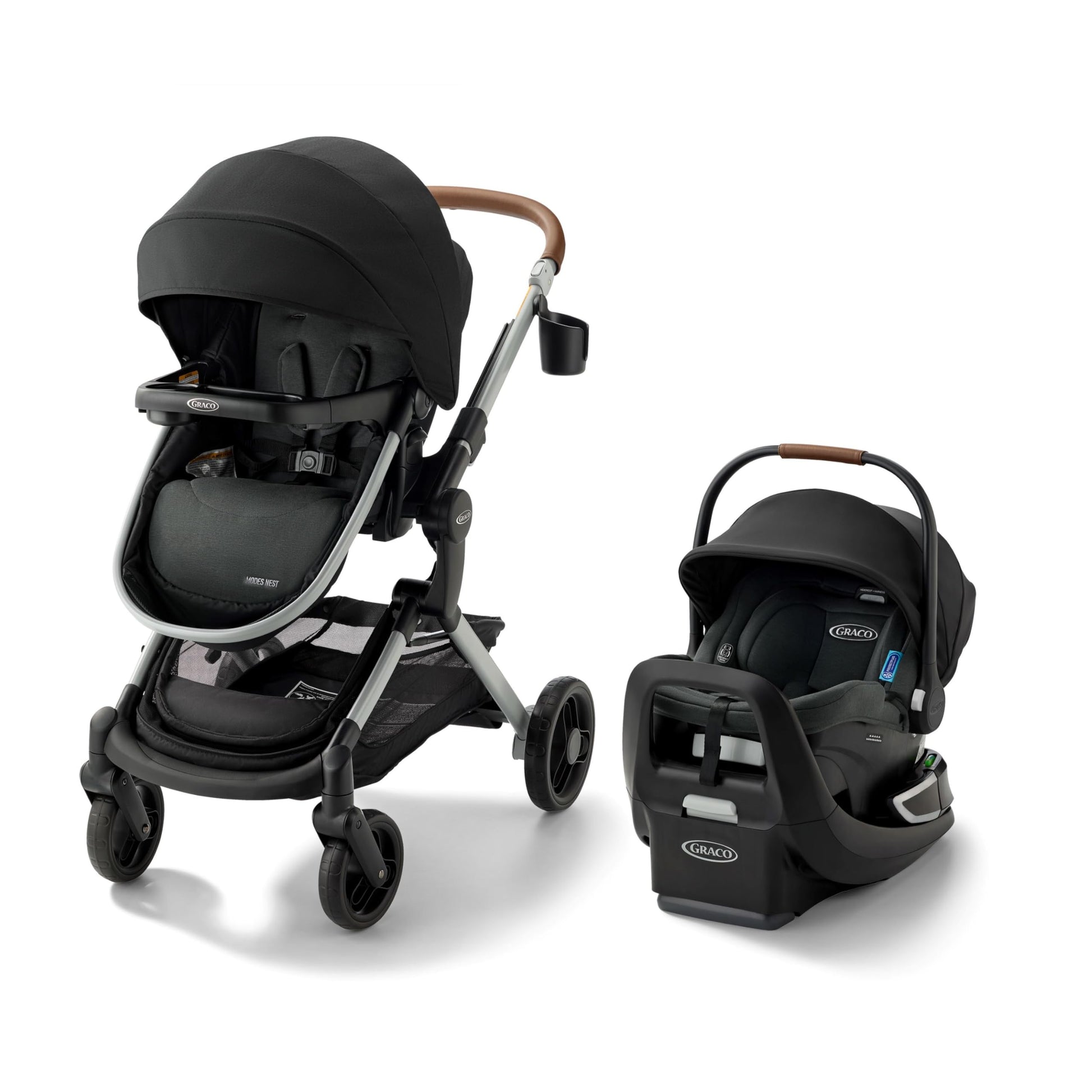 Graco Modes Nest 3-in-1 travel system with SnugRide Turn & Slide infant car seat and stroller, adjustable for baby to toddler.
