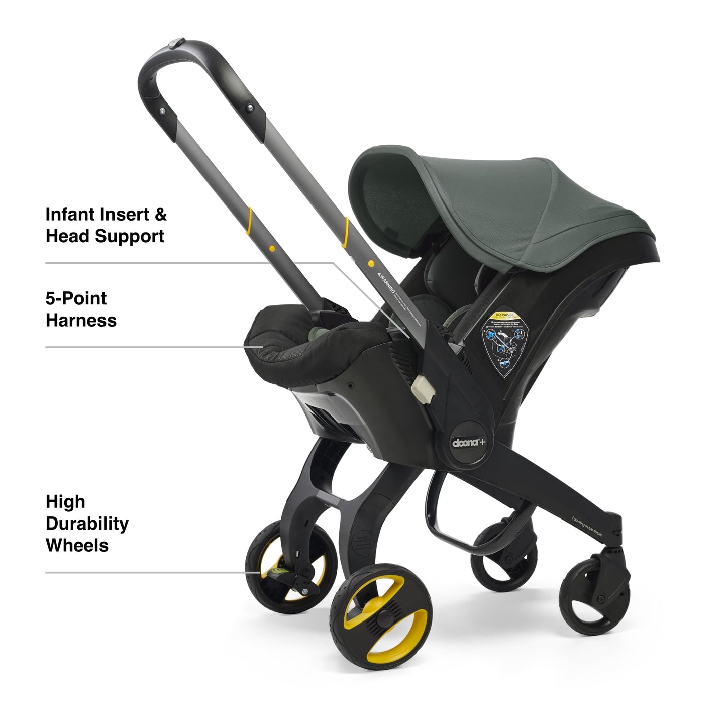 My Store Doona car seat and stroller in slate green, all-in-one travel system with adjustable handle and compact design.