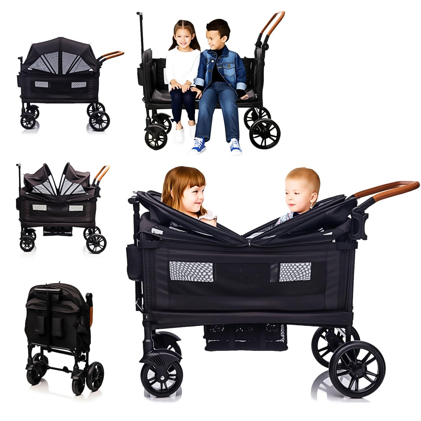 Lightweight double wagon stroller for kids and cargo, with canopy, adjustable handle, cup holder, and 5-point harness for newborns and toddlers.