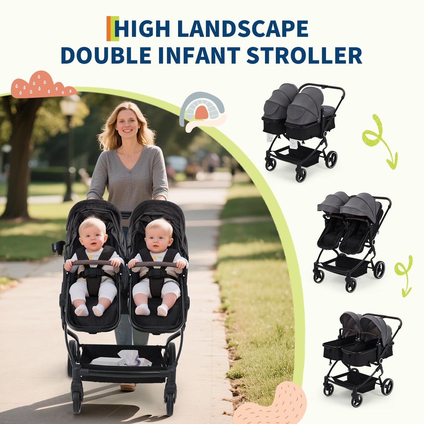 Lightweight double stroller for twins by My Store with reclining seats, adjustable canopy, and 5-point harness for infants and toddlers.
