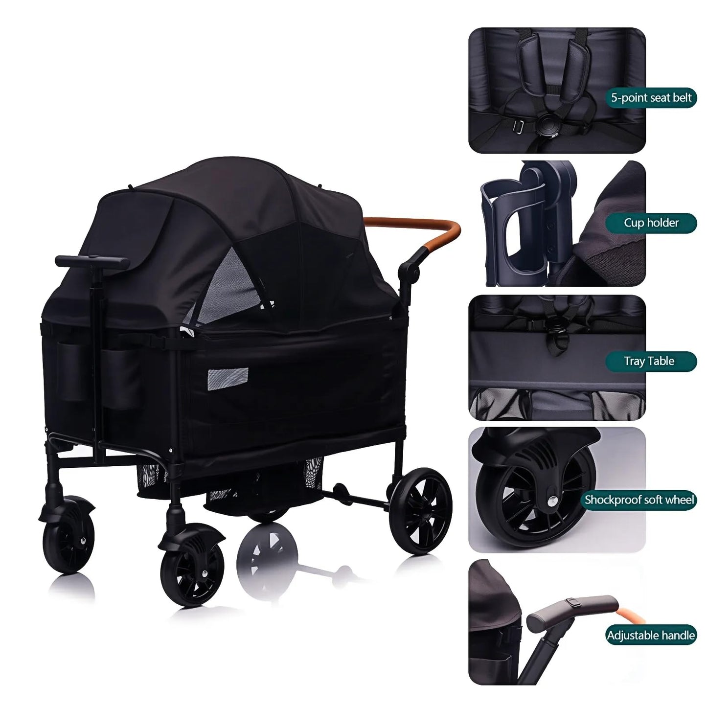 Lightweight luxury wagon stroller for 2 kids with adjustable handle, canopy, tray, and cup holder, suitable for newborns and toddlers.