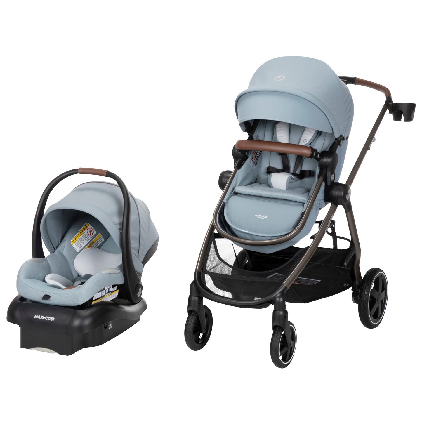 Maxi-Cosi Zelia Luxe 5-in-1 modular travel system with stroller, car seat, and accessories, designed for versatile infant and toddler travel.