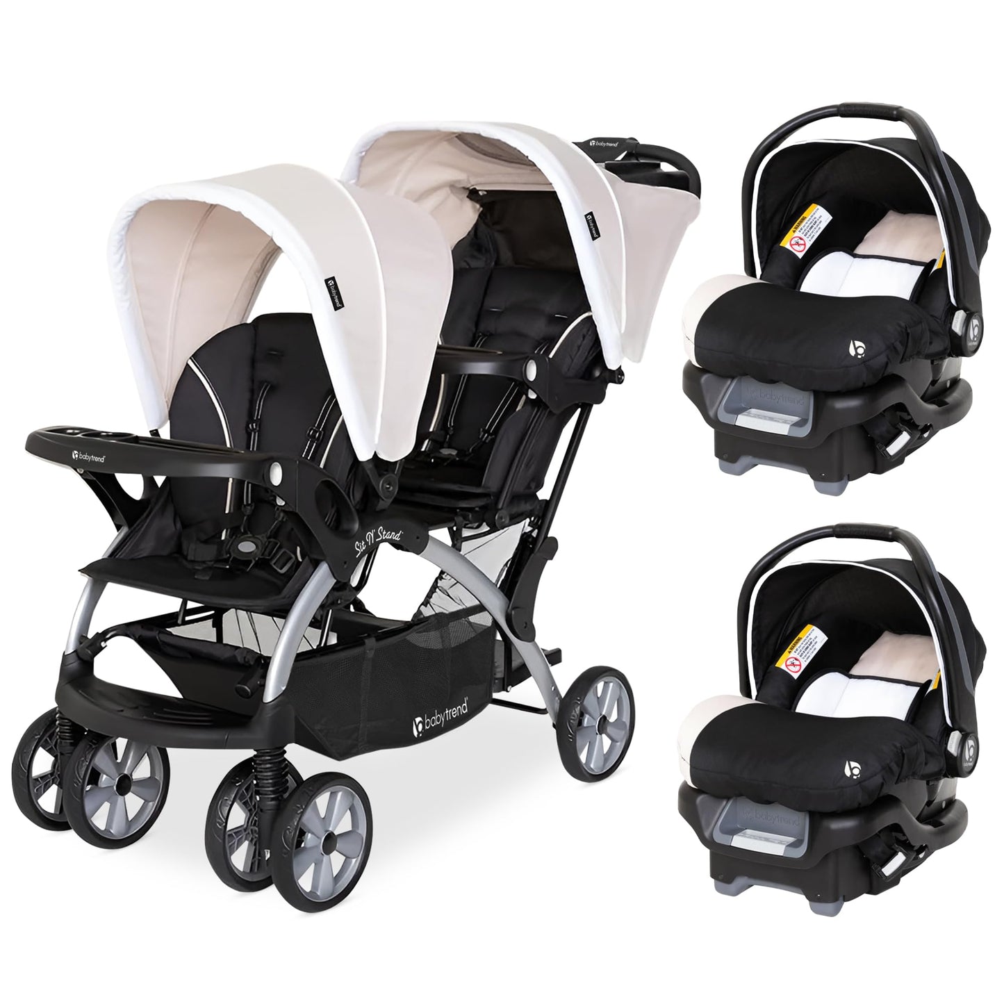 Baby Trend infant and toddler double stroller and car seat combo in stormy color, lightweight and portable tandem travel system.