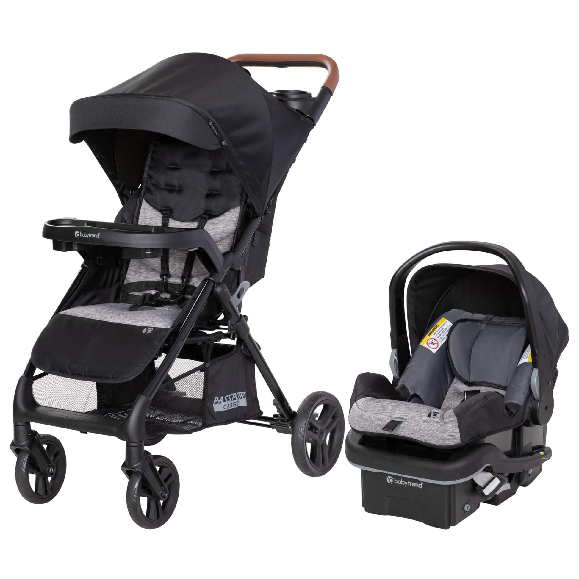 Baby Trend Passport cargo stroller with pink bamboo fabric and EZ-Lift infant car seat, featuring a sleek, foldable design.
