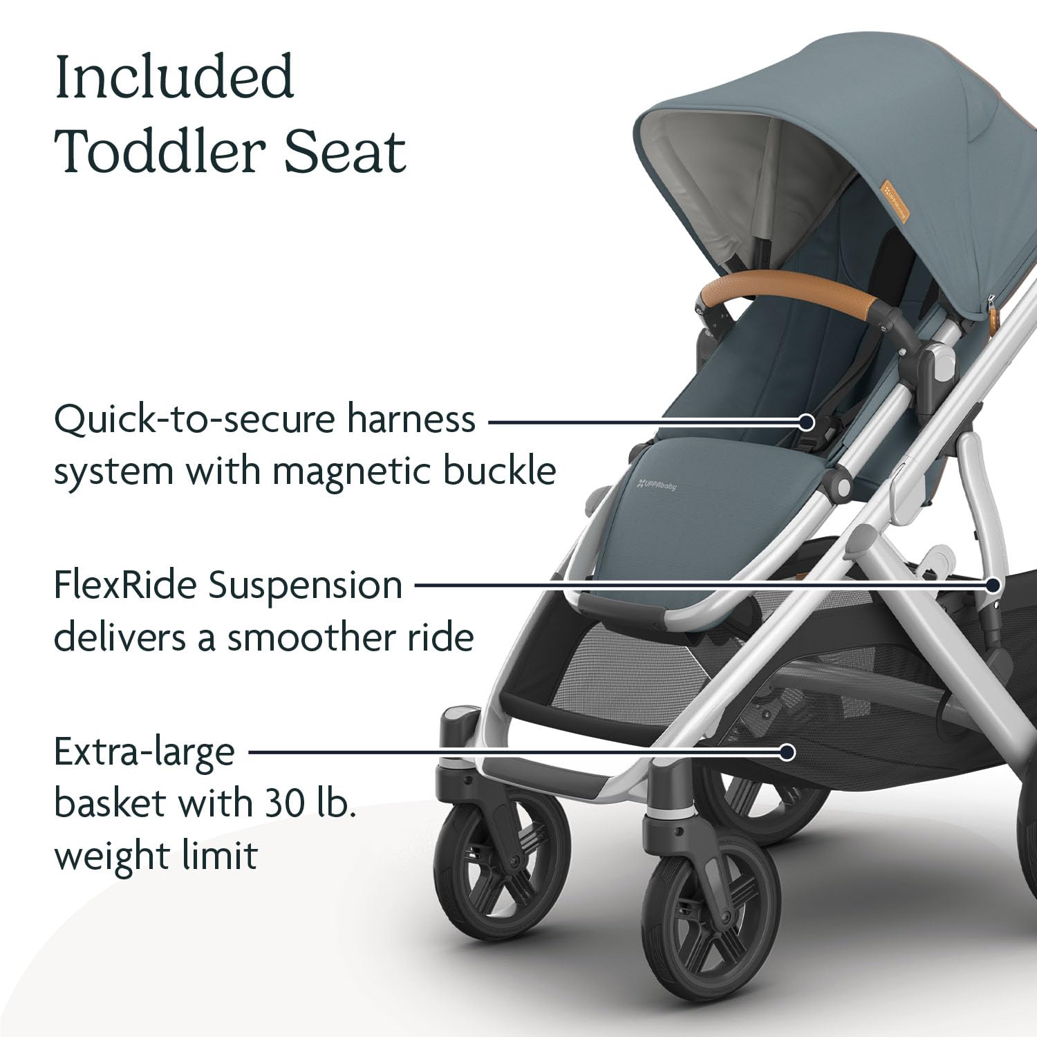 UPPAbaby Vista V3 convertible stroller for baby and toddler in charcoal/carbon, with all-wheel suspension and large basket.