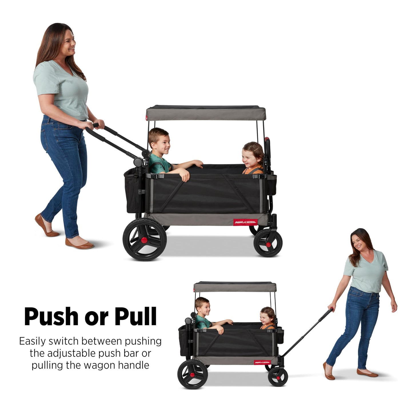 Red Radio Flyer wagon for kids and toddlers, convertible stroller and rolling beach cart with wheels for children ages 1+