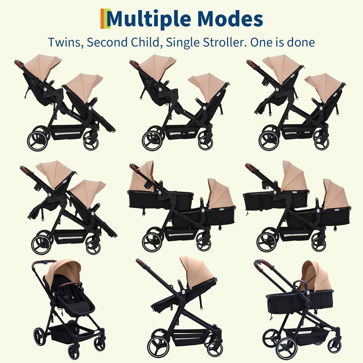 Dark grey tandem double stroller for twins with reversible seats, adjustable canopy, 5-point harness, large storage basket, one-hand fold.