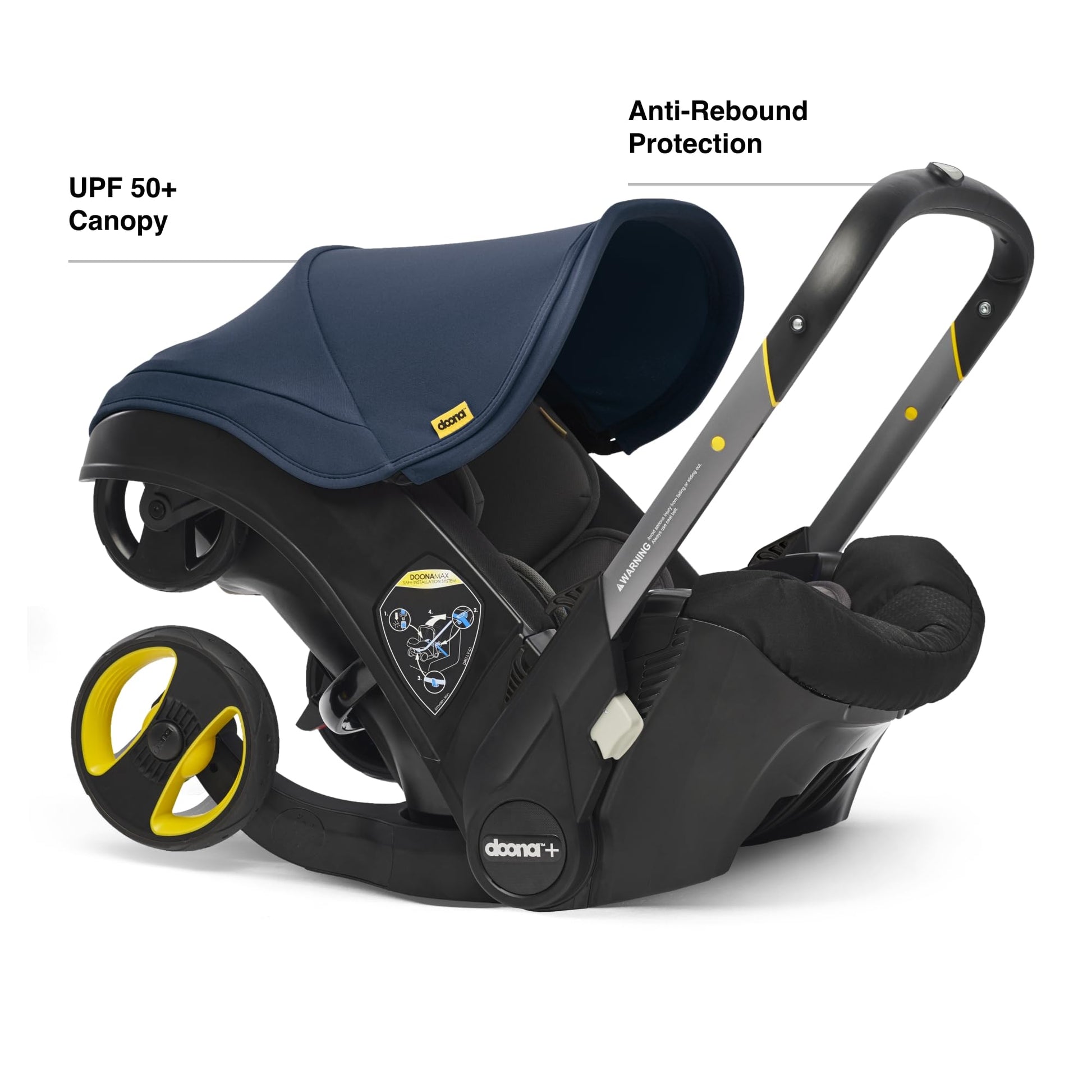 Doona all-in-one travel system with slate green car seat and stroller, compact design, and adjustable handle for convenient travel.