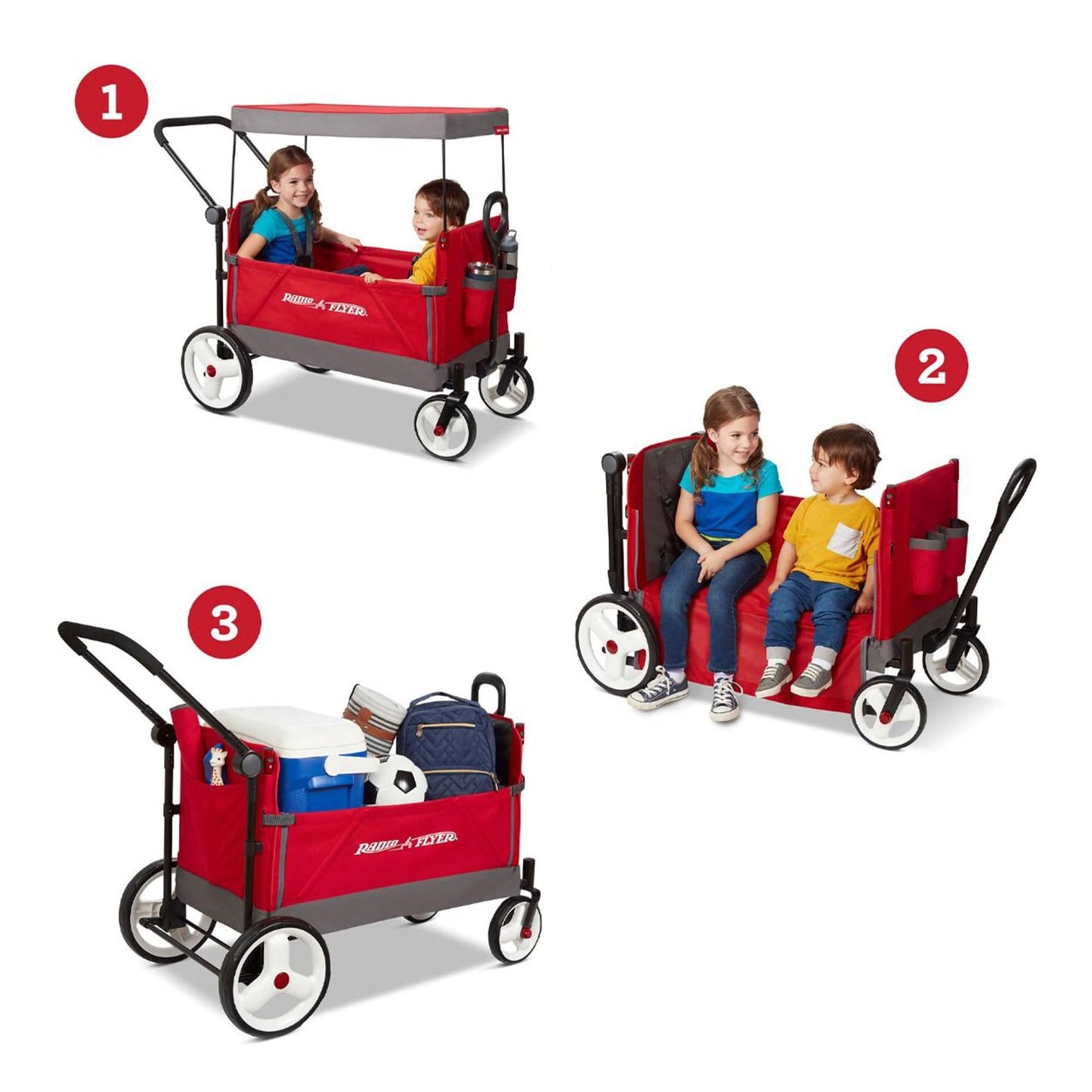 Red Radio Flyer wagon for kids with wheels, convertible stroller and rolling cart, suitable for toddlers ages 1+ outdoors.