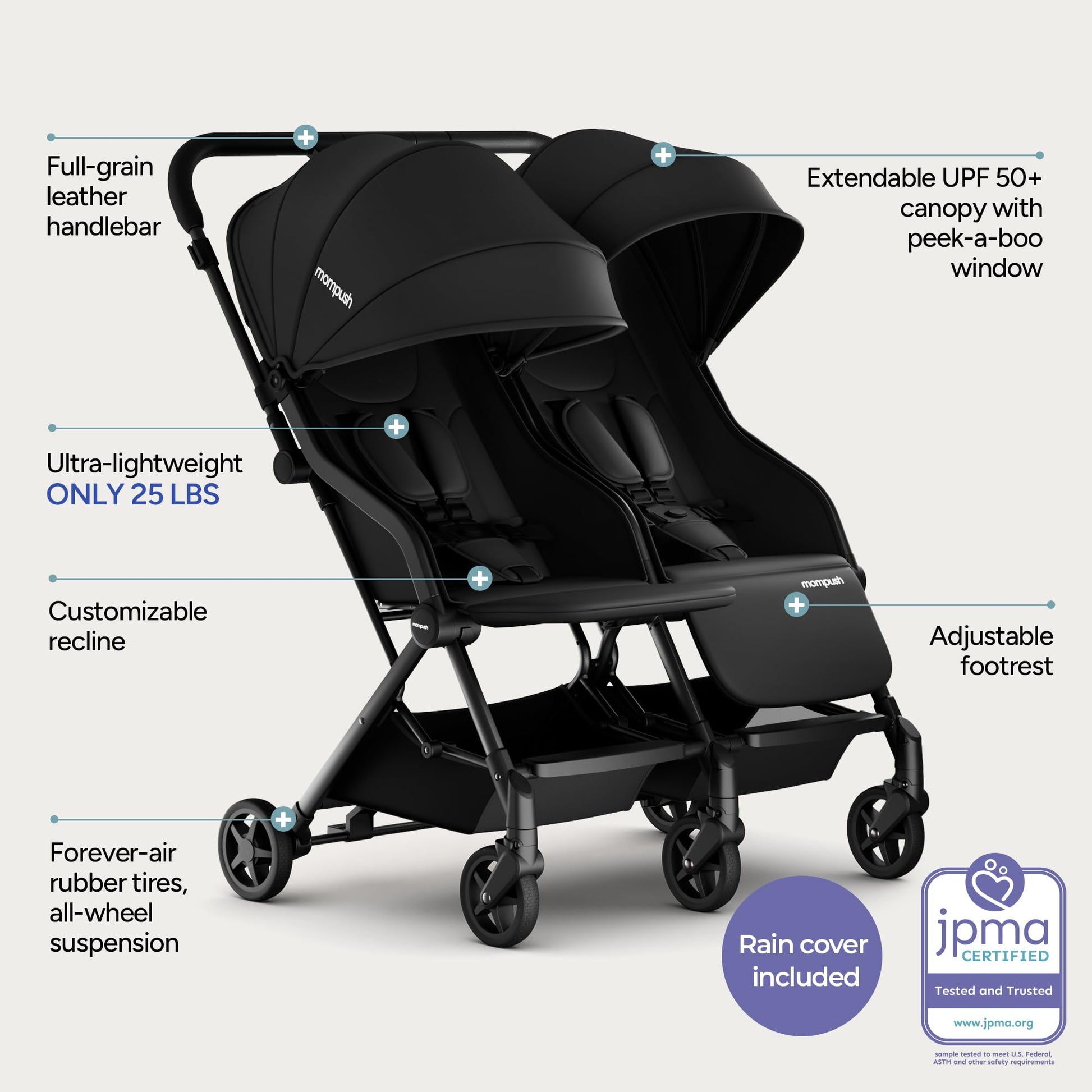 Mompush Lithe double stroller for newborns and toddlers with lightweight frame, spacious recline seats, easy fold, and UPF50+ canopy