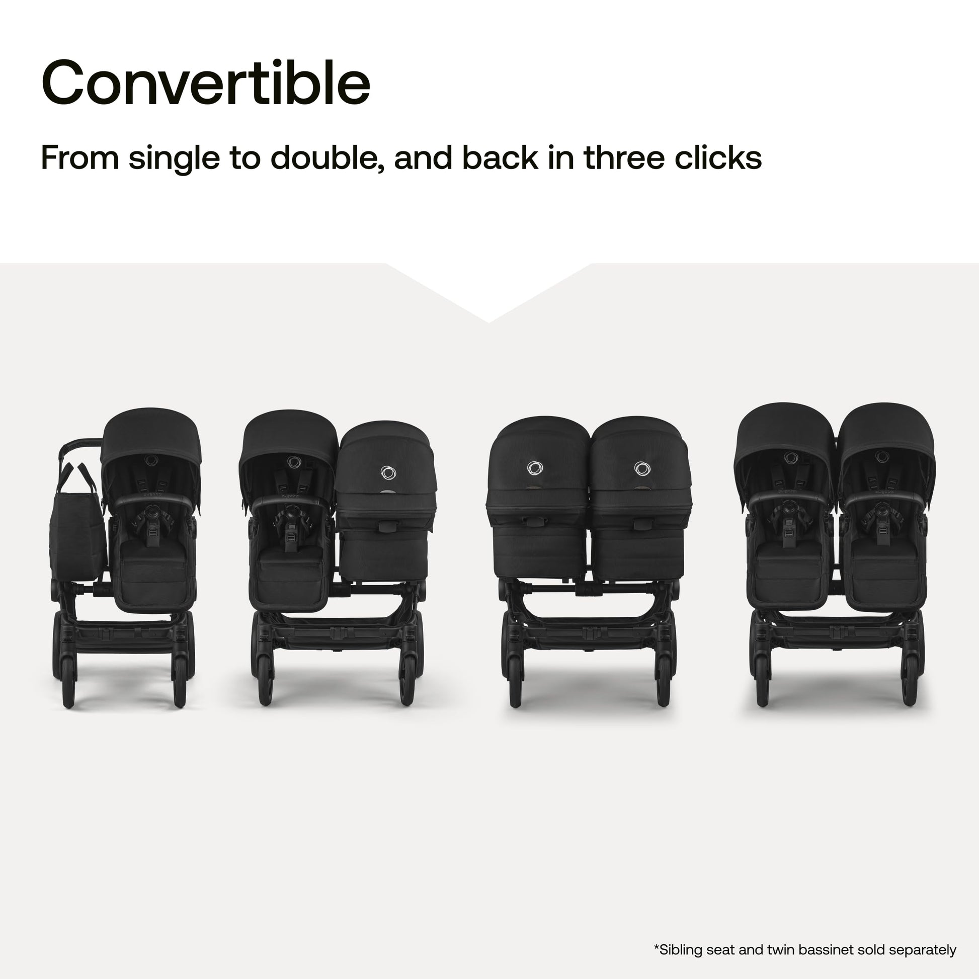 Bugaboo Donkey 6 all-terrain stroller in Cocoa Brown, single-to-double side-by-side design for newborn and toddler.