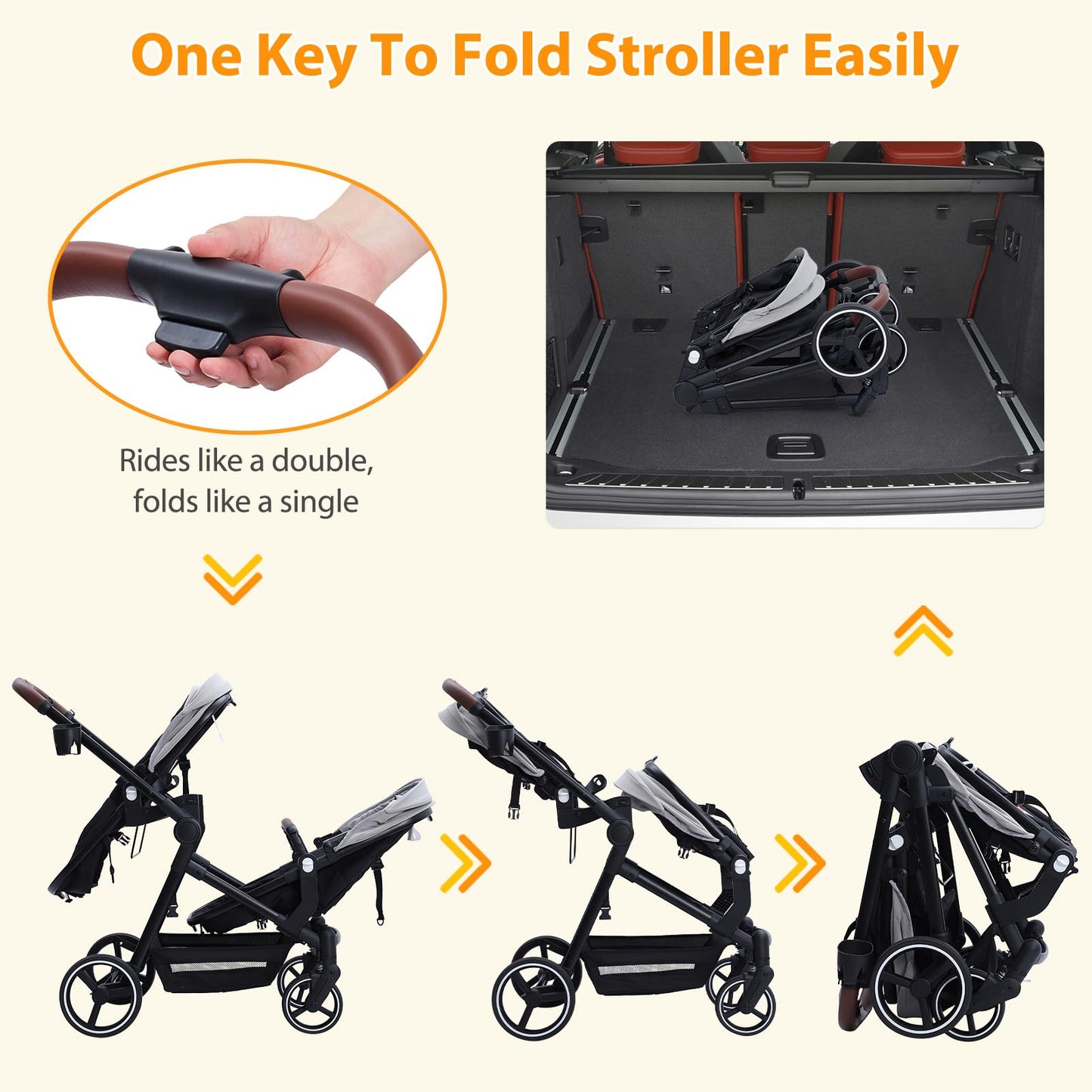 My Store tandem stroller for twins with reversible seats, adjustable canopy, one-hand fold, large storage basket, in black.