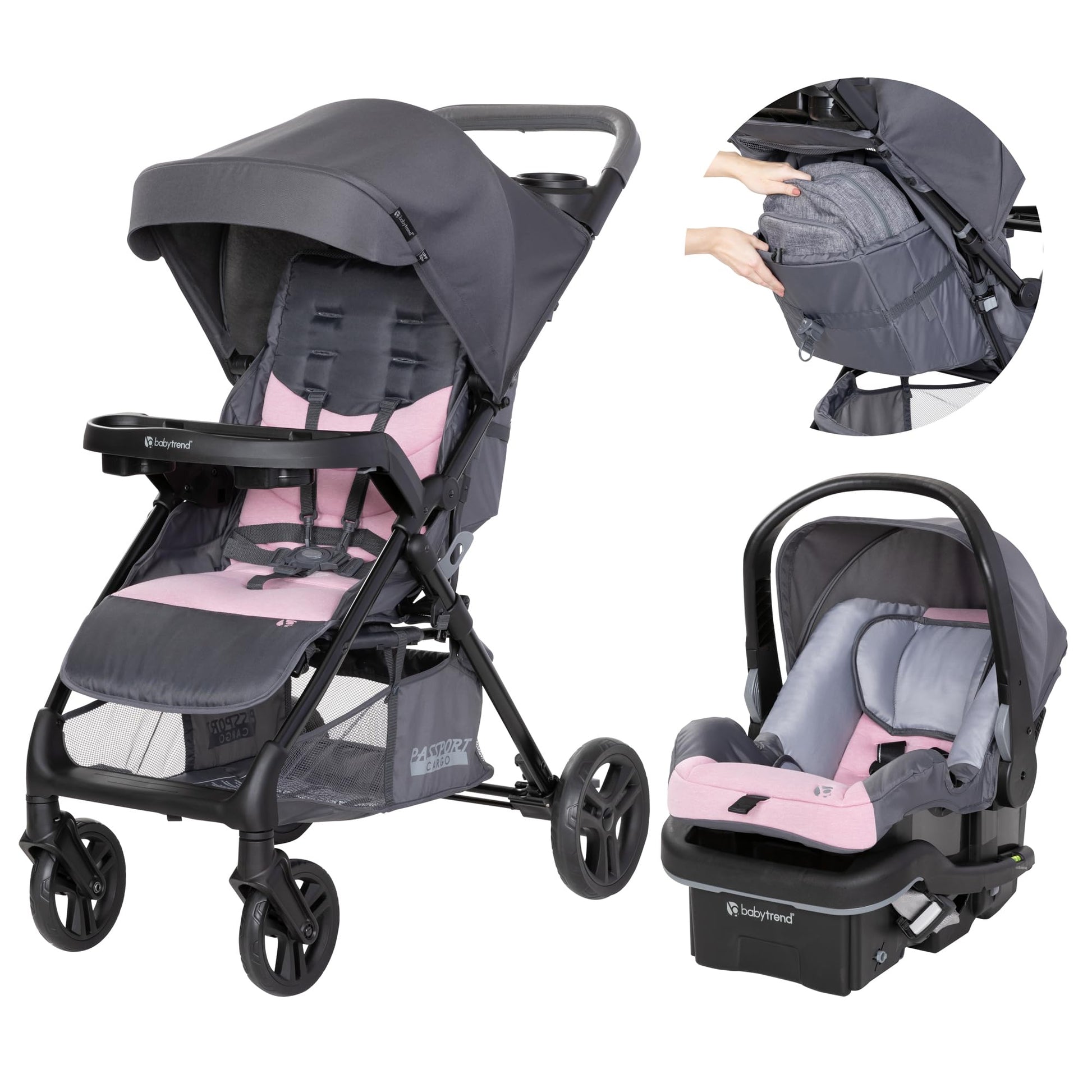 Baby Trend Passport Cargo stroller with pink bamboo fabric and EZ-Lift Plus infant car seat, featuring a sturdy frame and adjustable handle.