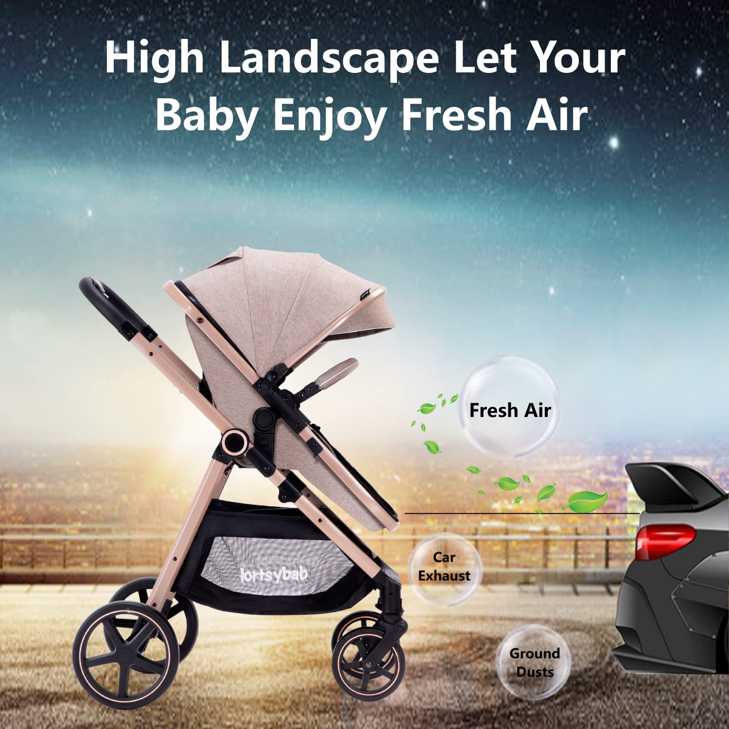 Lortsybab 2-in-1 baby stroller with beige frame, reversible seat, folding design, suitable for infants and toddlers 0-36 months