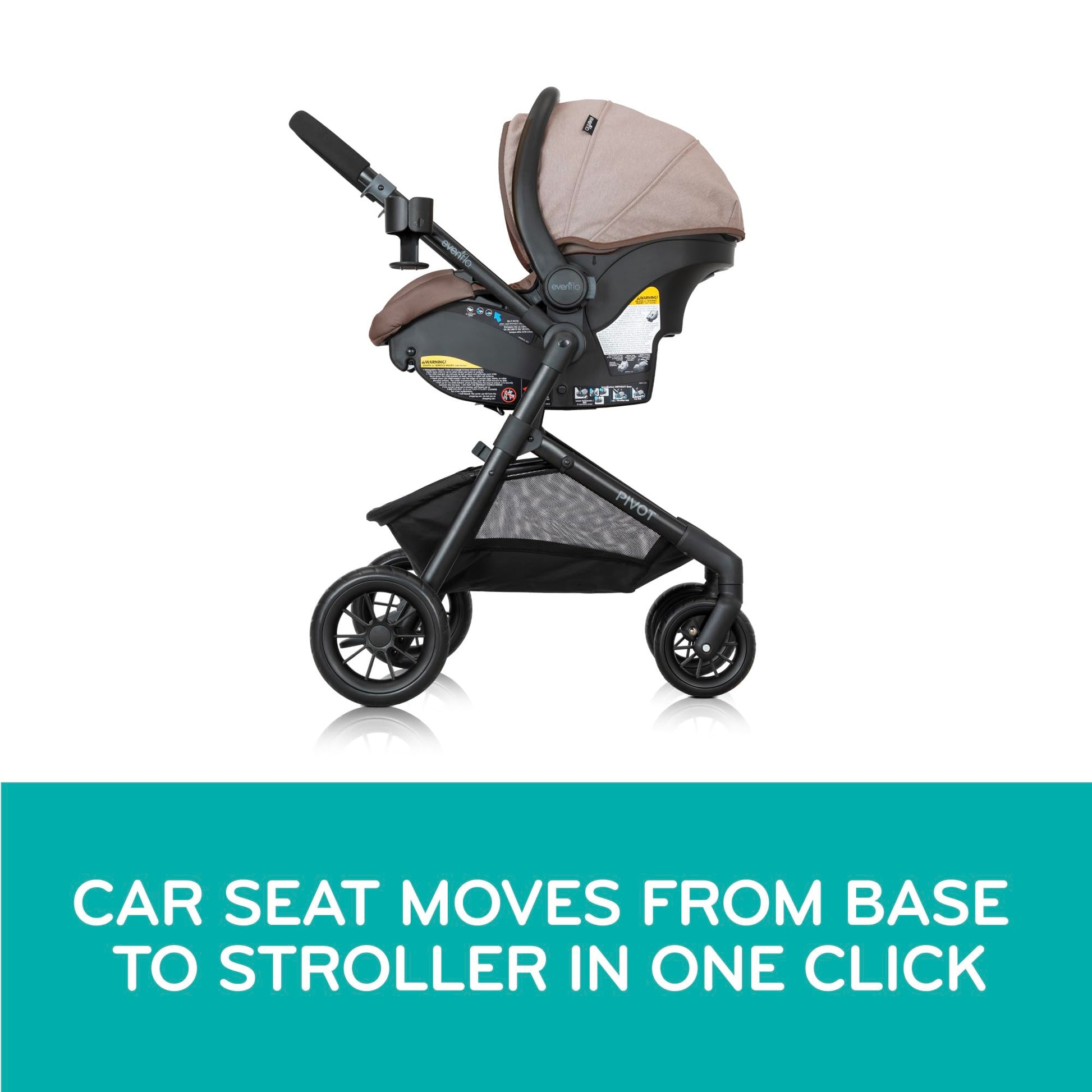 Evenflo Pivot Modular Travel System with LiteMax Preemie and Infant Car Seat in casual gray, featuring stroller and car seat components