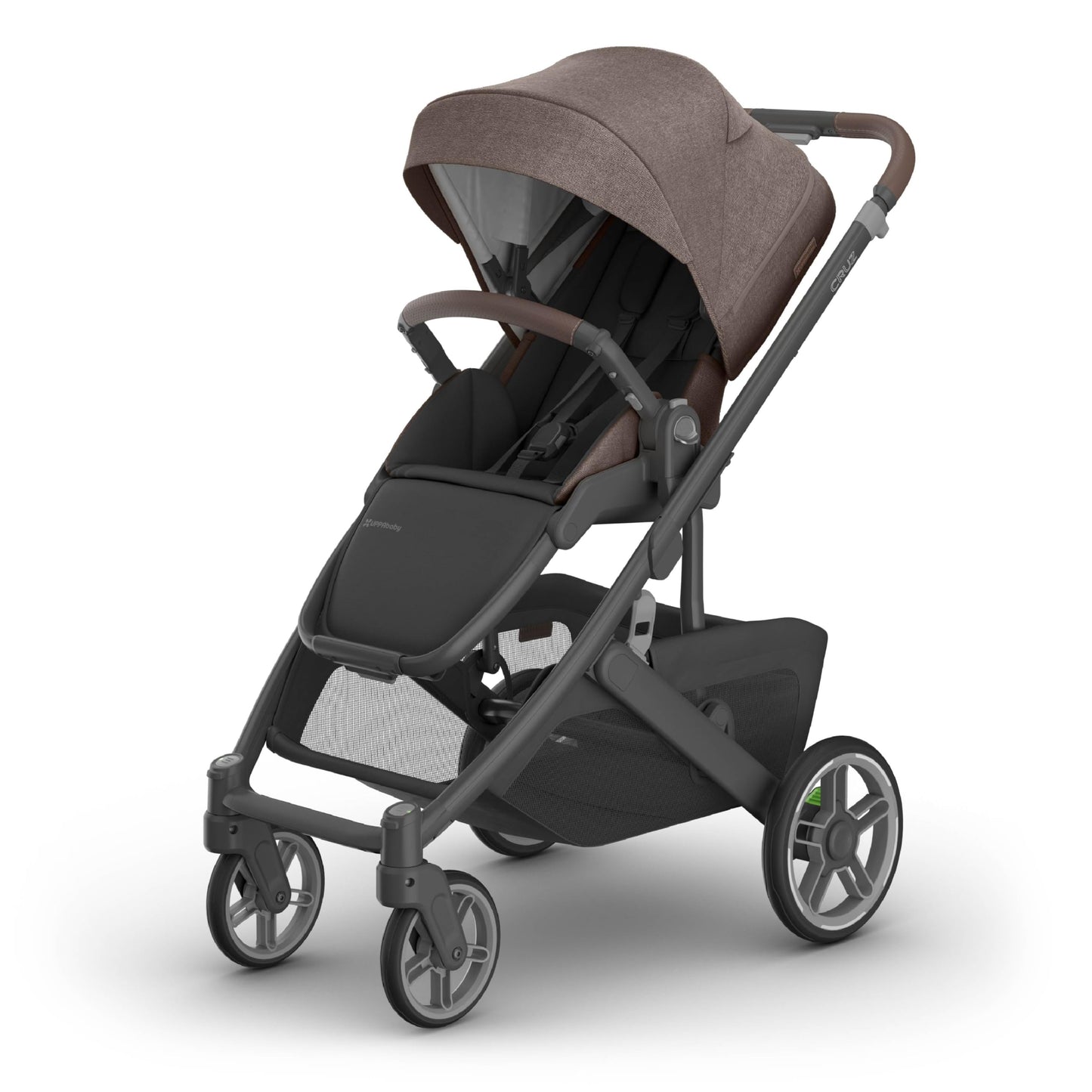 UPPAbaby Cruz V3 stroller in greyson with reversible seat, infant insert, bug and rain shields, charcoal mélange frame, saddle leather accents