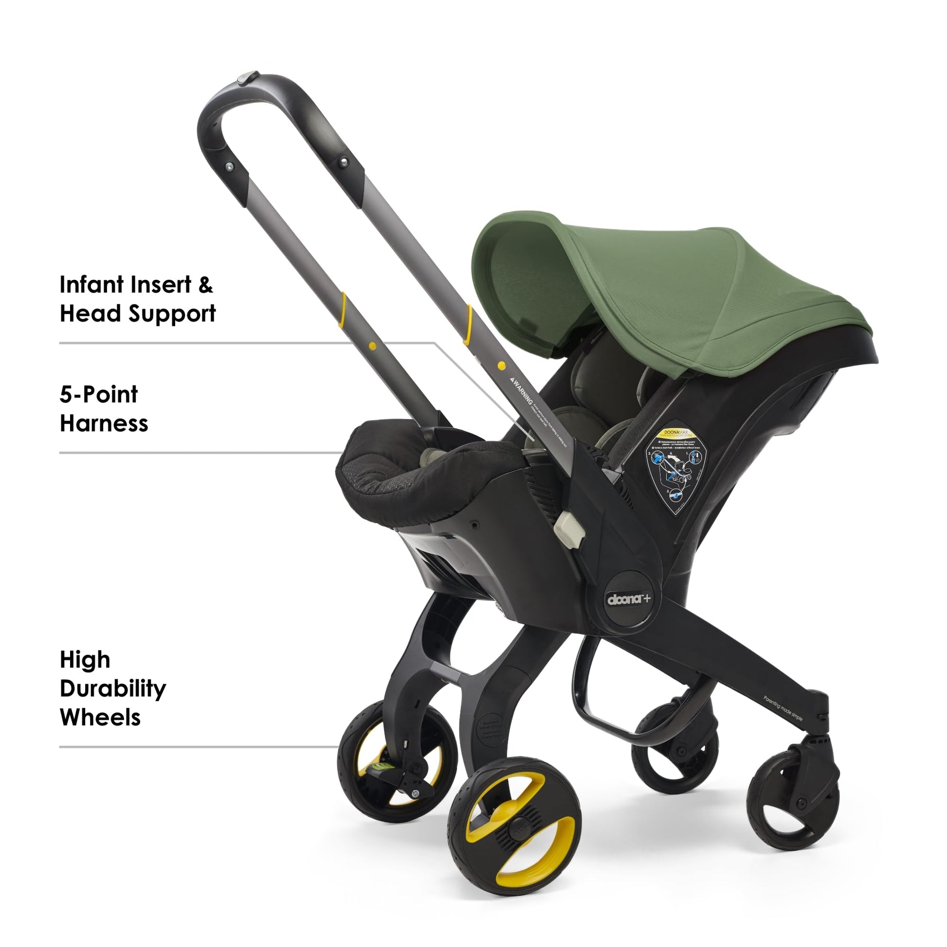 My Store Doona car seat and stroller in slate green, all-in-one travel system with adjustable handle and safety harness.