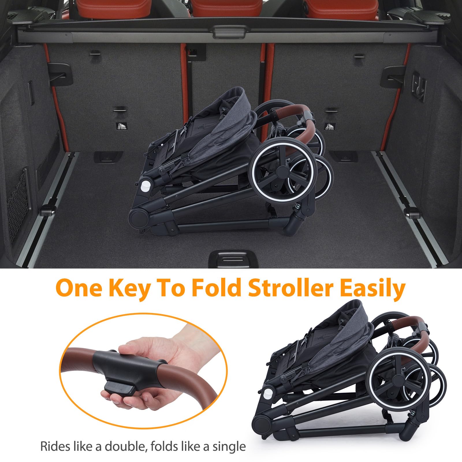 Dark grey tandem double stroller for newborn and toddler with reversible seats, adjustable canopy, 5-point harness, and large storage basket.