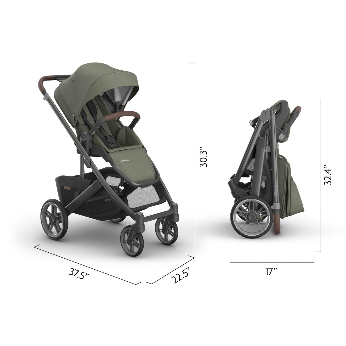 UPPAbaby Cruz V3 stroller in Greyson with reversible seat, infant insert, bug and rain shields, charcoal mélange, carbon frame, saddle leather