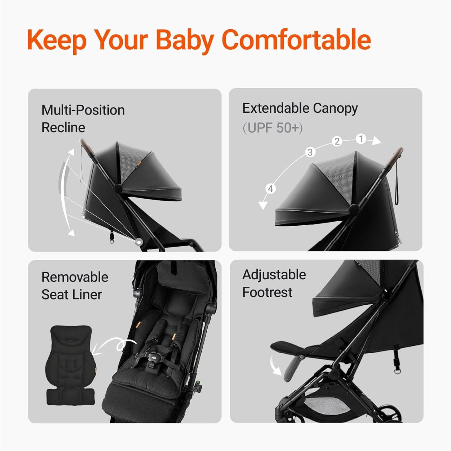 Lightweight MAMAZING Ultra Air baby travel stroller with carbon fiber frame, one-handed fold, compact design, suitable for toddlers