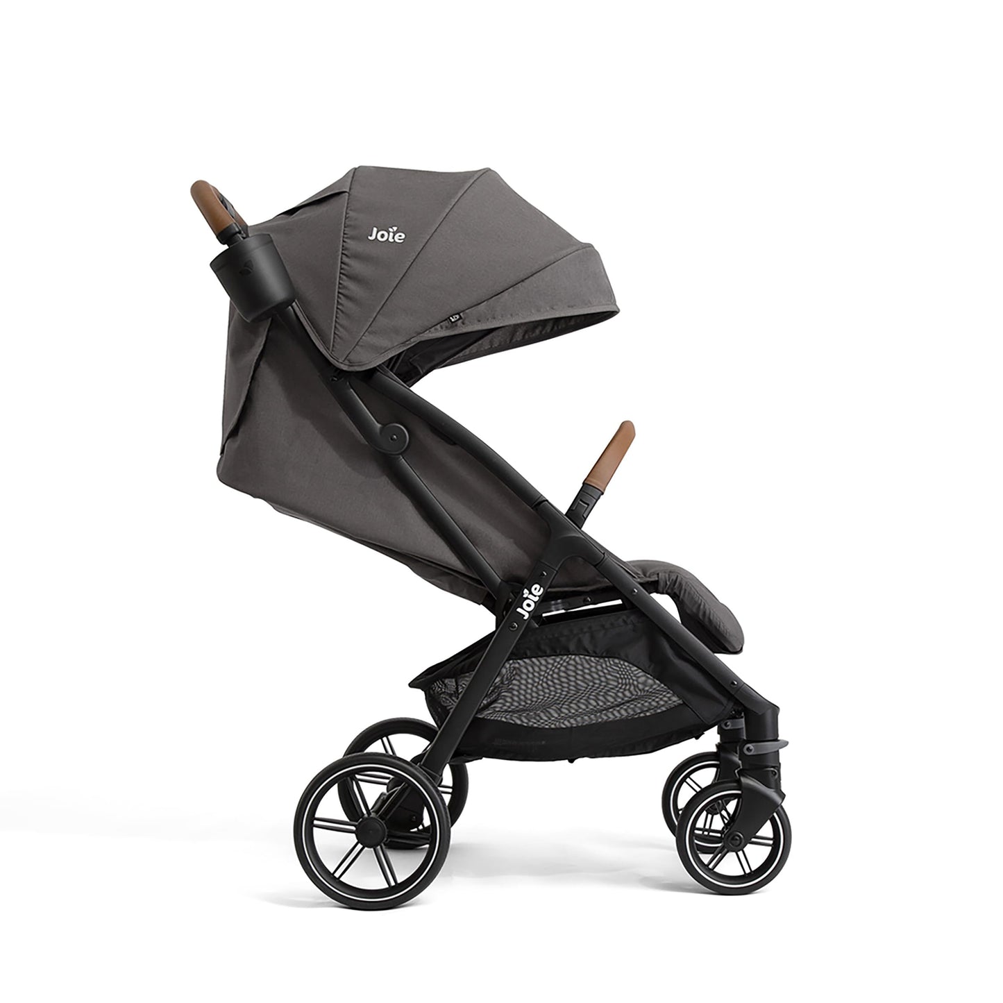 Joie Nutmeg compact stroller in shale color with one-hand fold, lightweight design, suitable for easy travel and daily use.