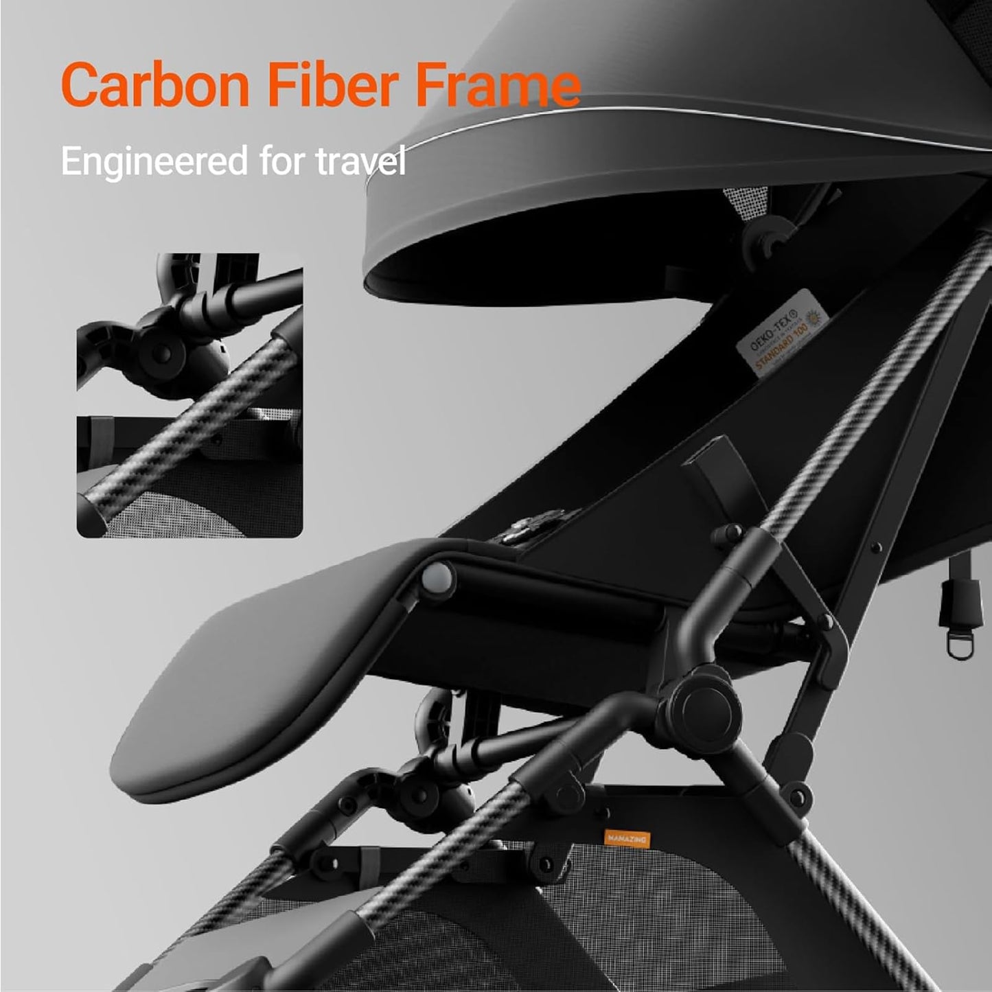 Lightweight MAMAZING Ultra Air baby travel stroller with carbon fiber frame, one-handed fold, ideal for toddlers and travel.