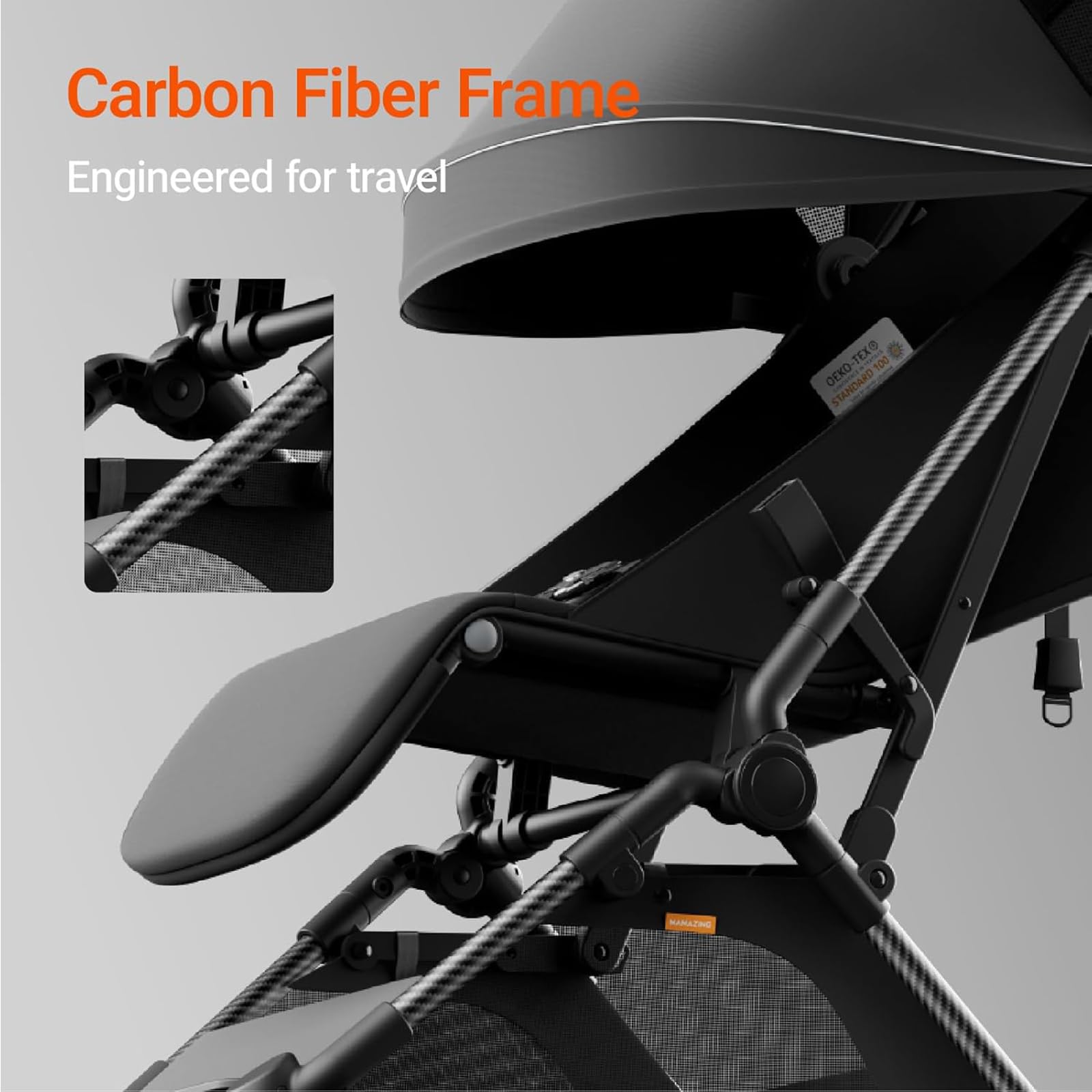Lightweight MAMAZING Ultra Air baby travel stroller with carbon fiber frame, one-handed fold, ideal for toddlers and travel.