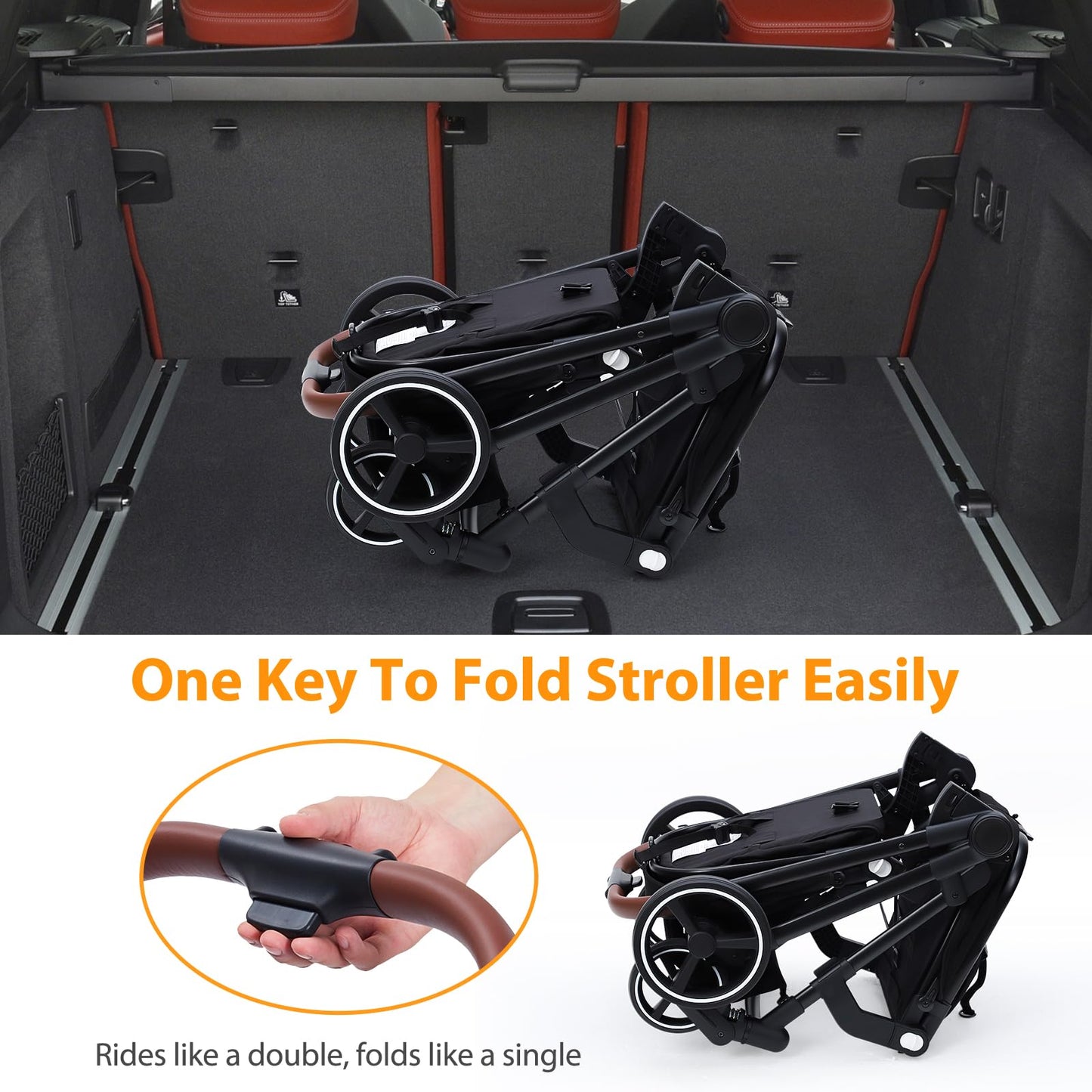 Black tandem stroller with reversible seats, adjustable canopies, one-hand fold, large storage basket, designed for newborns and toddlers.