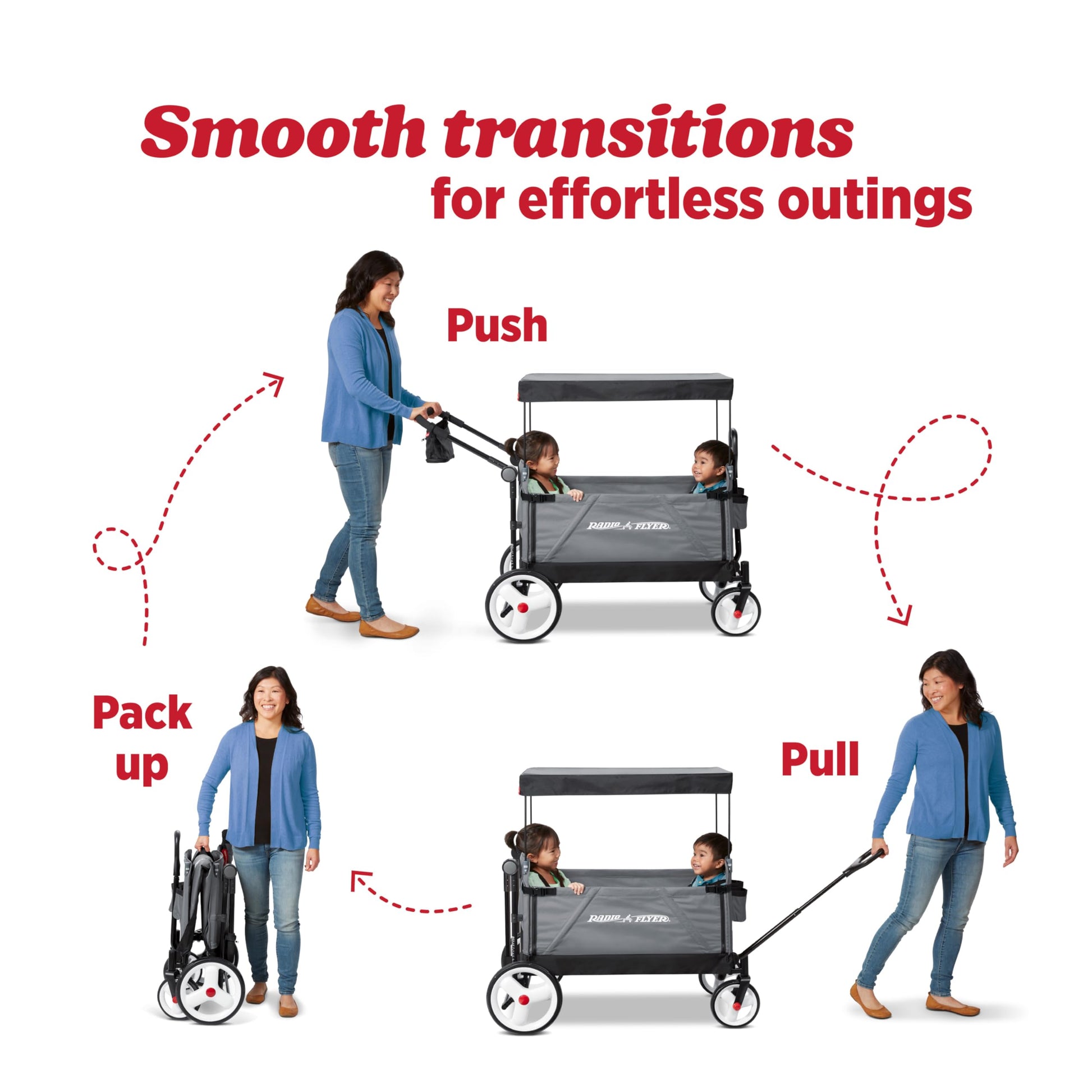 Red Radio Flyer wagon for kids with wheels, convertible toddler stroller and rolling beach cart for children aged 1+ years.