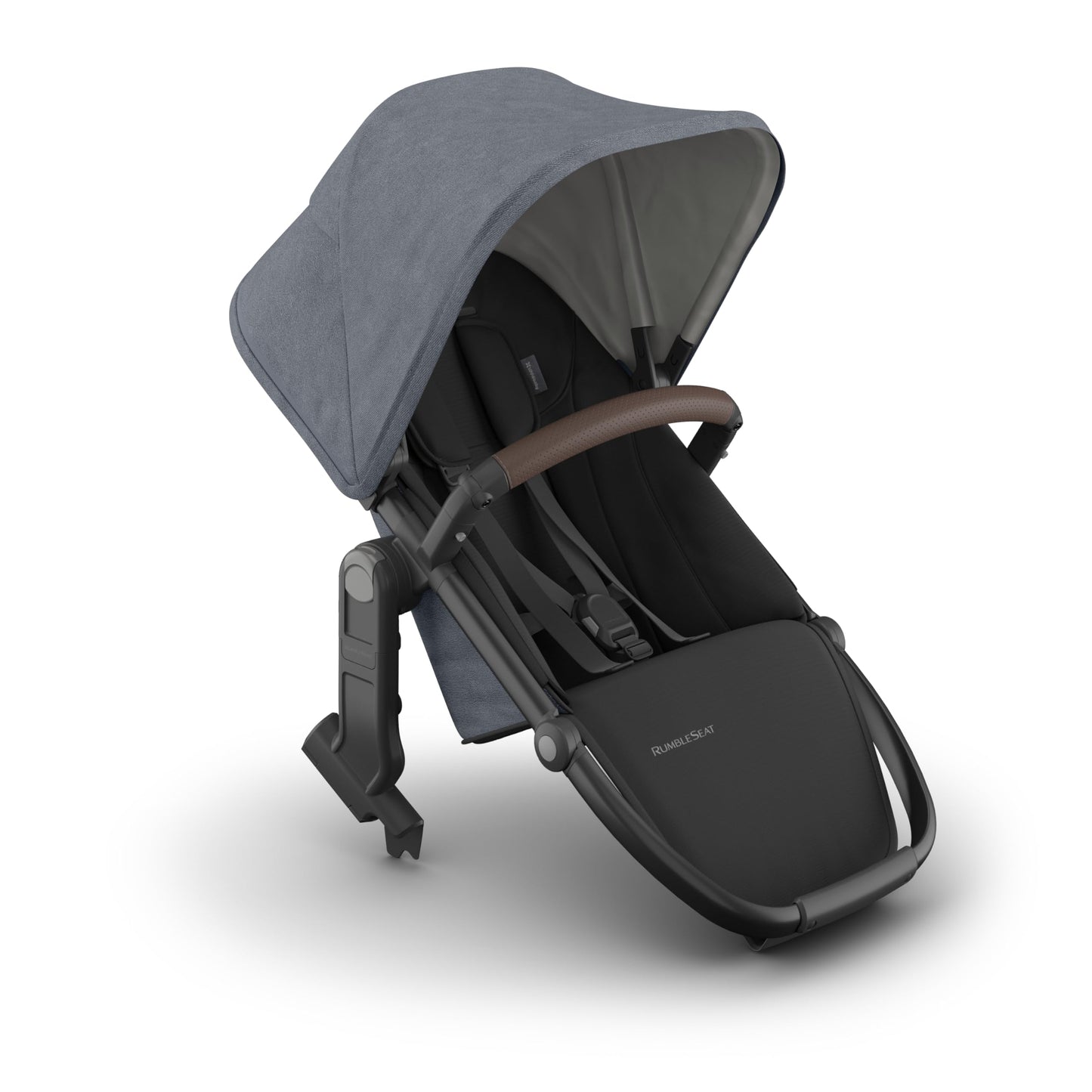 UPPAbaby RumbleSeat V3 second lower all-weather seat with magnetic buckle on silver frame, chestnut leather, compatible with Vista V2 and V3.