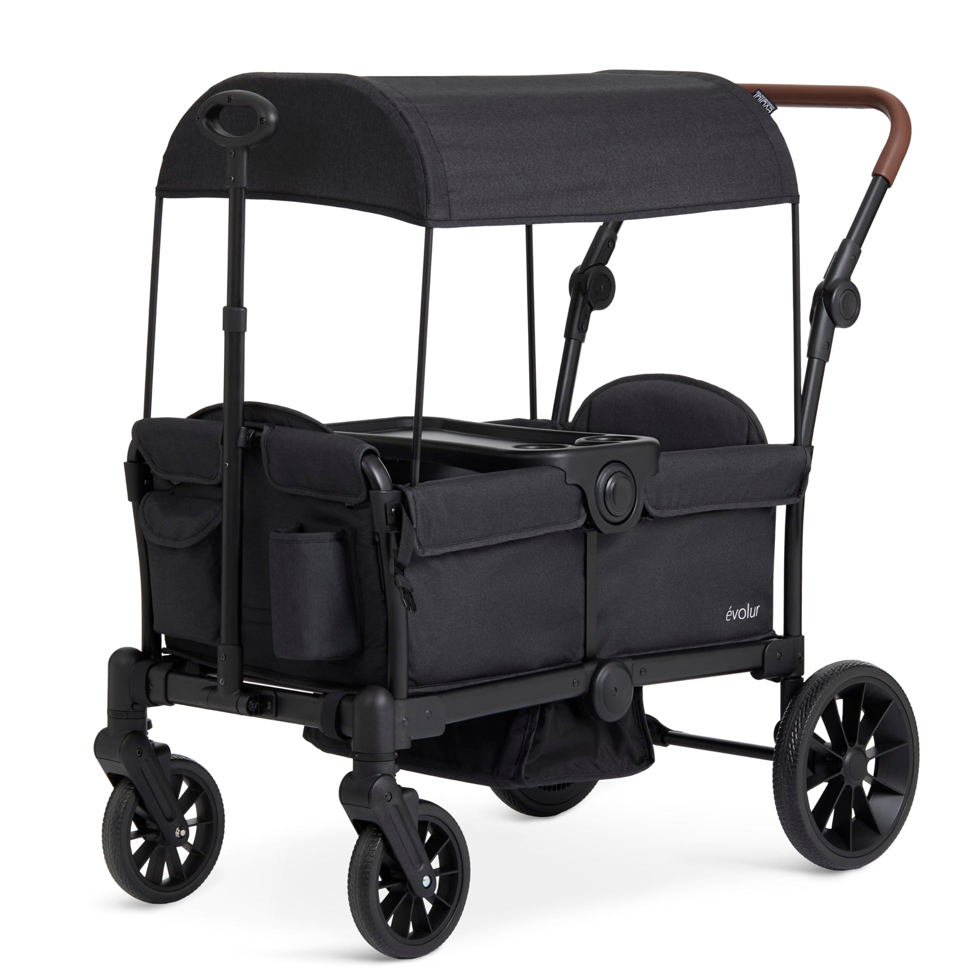 Evolur Trailblazer double stroller in black with all-terrain wheels, 5-point harness, removable canopy, and spacious storage for two kids.