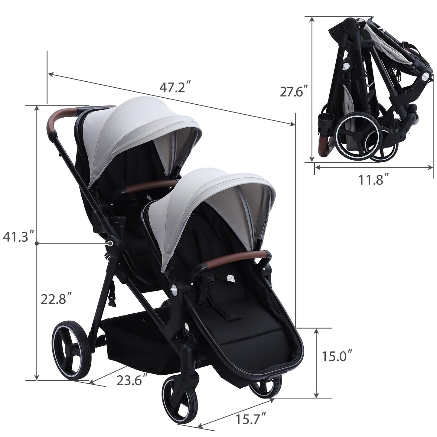 My Store tandem stroller with double bassinet, reversible seat, adjustable canopy, one-hand fold, large storage basket in black.