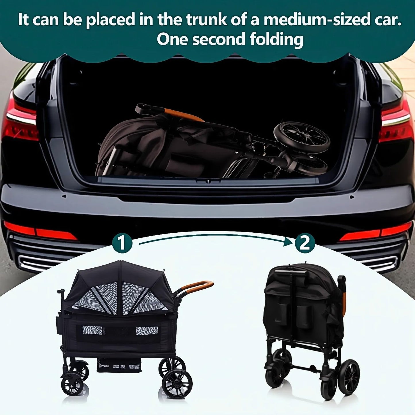 Luxury wagon stroller for two kids and cargo, lightweight foldable double wagon with canopy, tray, cup holder, and adjustable handle.