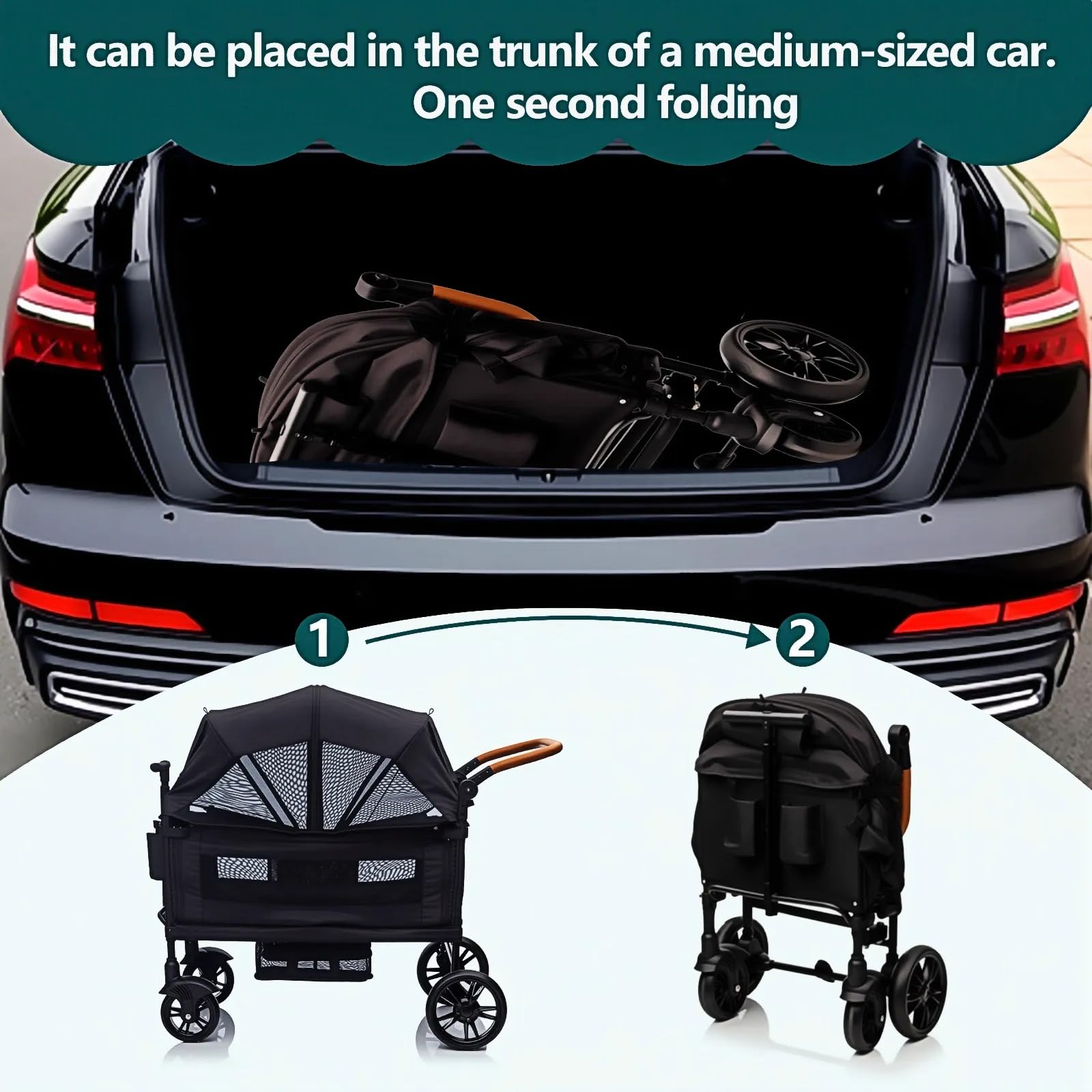 Luxury wagon stroller for two kids and cargo, lightweight foldable double wagon with canopy, tray, cup holder, and adjustable handle.