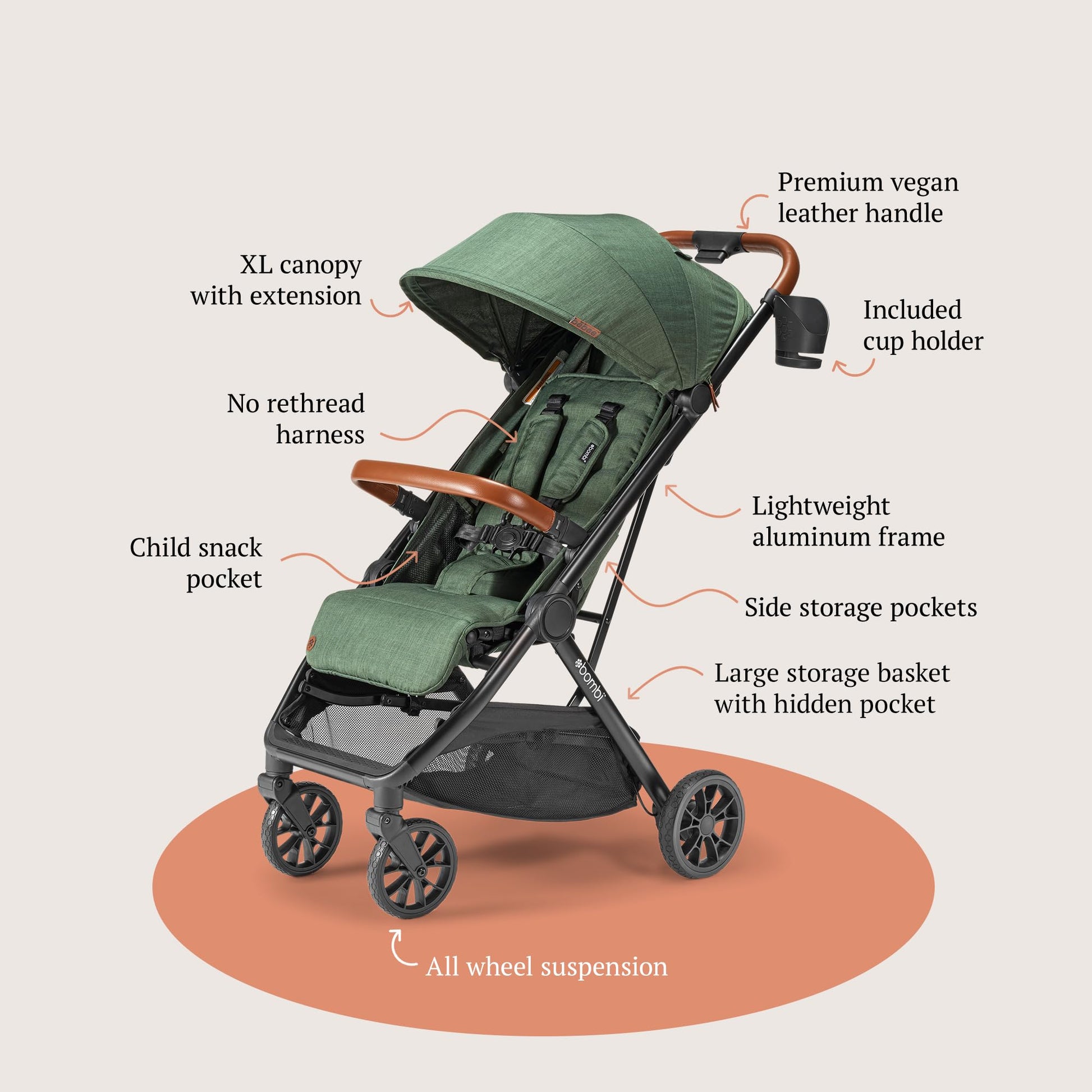 Bombi Bēbee V2 lightweight baby stroller with vegan leather, one-hand fold, adjustable recline, aluminum frame, XXL canopy, and storage
