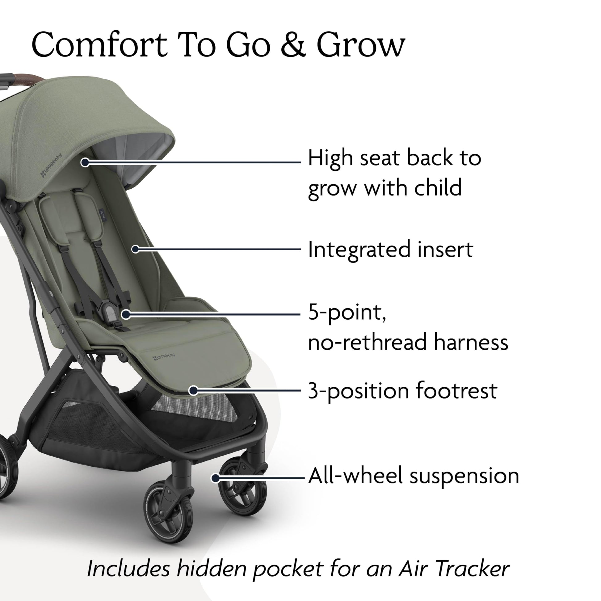 UPPAbaby Minu V3 travel stroller in greyson color, lightweight compact design, one-hand fold, suitable from birth with overhead compatibility